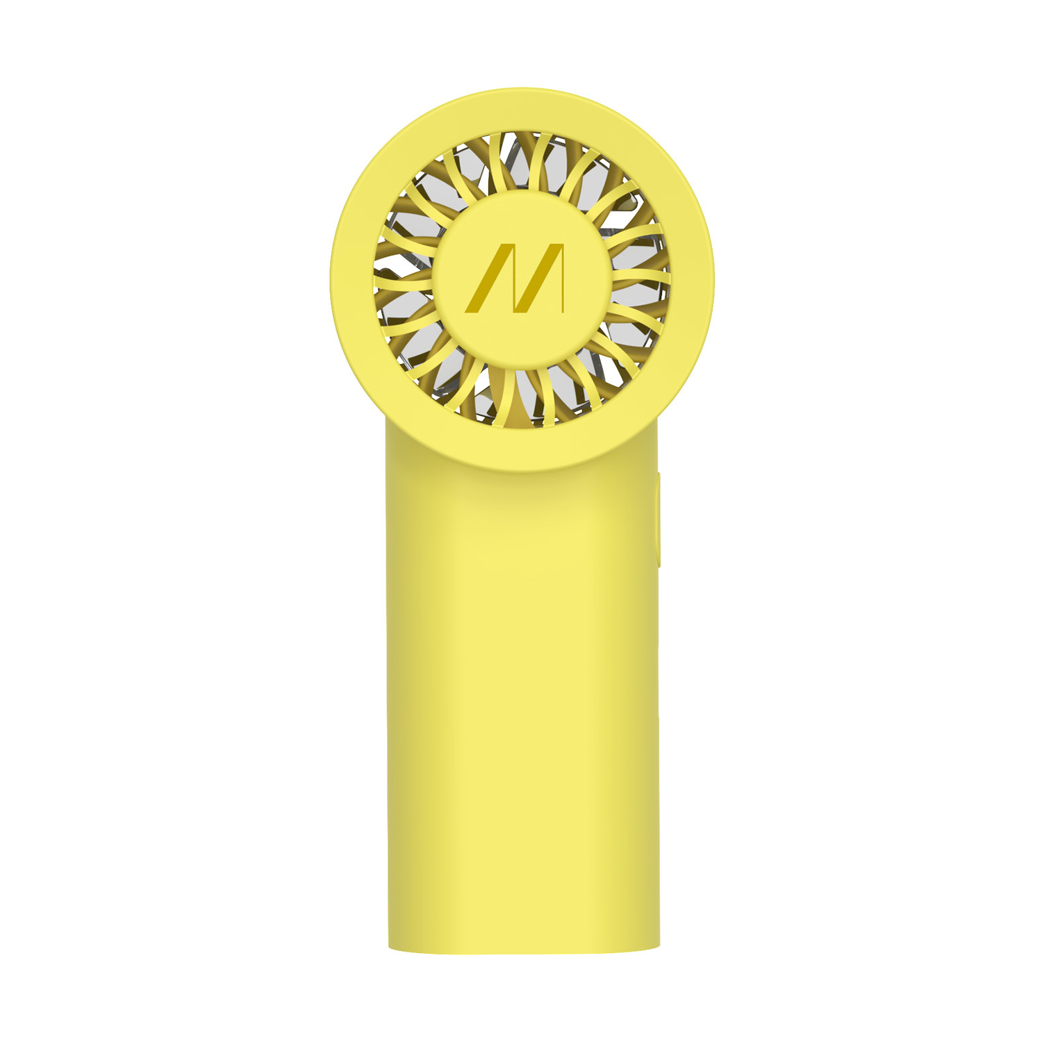Un piccolo ventilatore giallo con una M stilizzata sulla griglia.