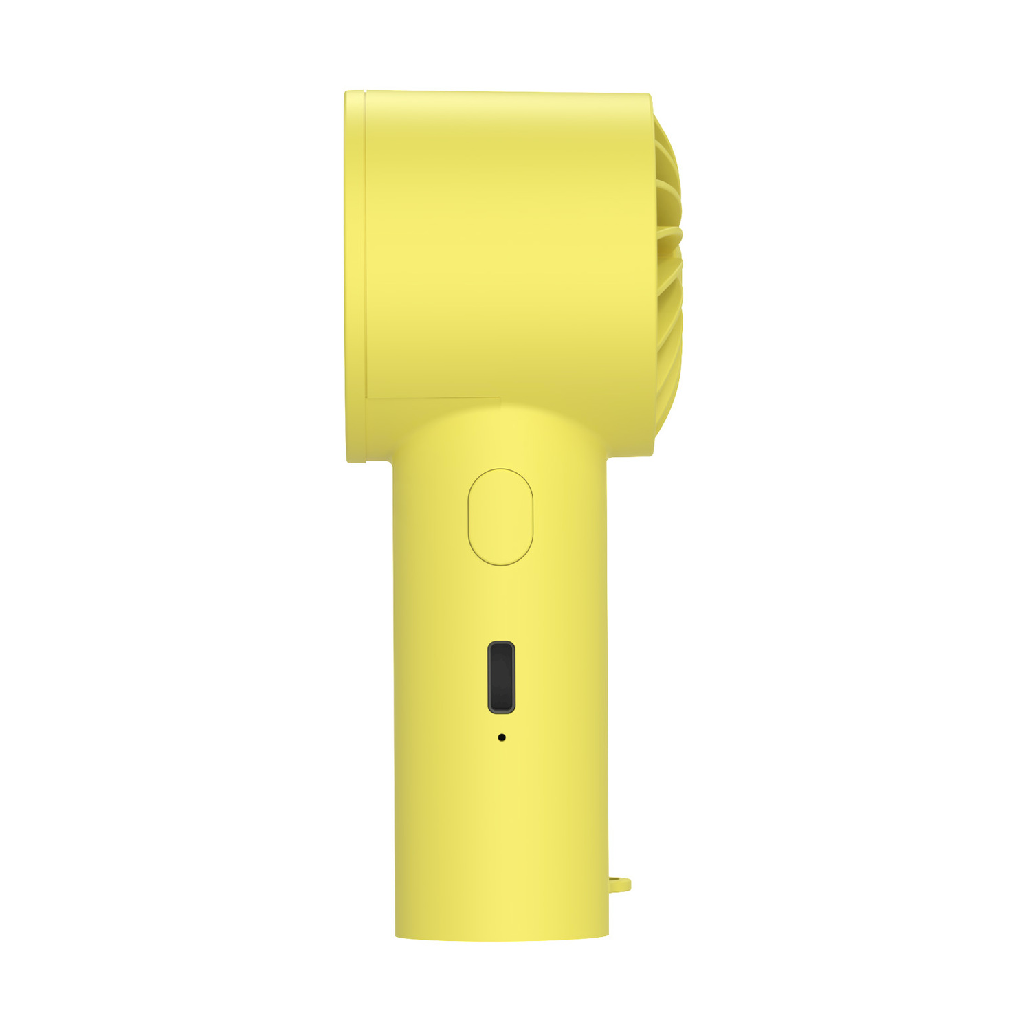 Un ventilatore giallo portatile con pulsante di accensione e porta di ricarica.