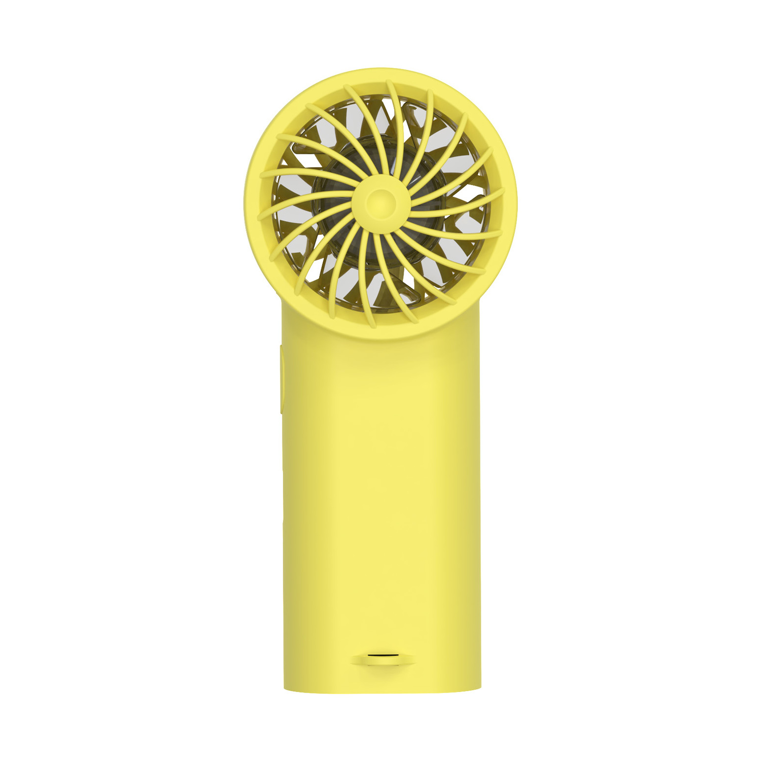 Un ventilatore giallo portatile con testa rotonda e manico rettangolare.