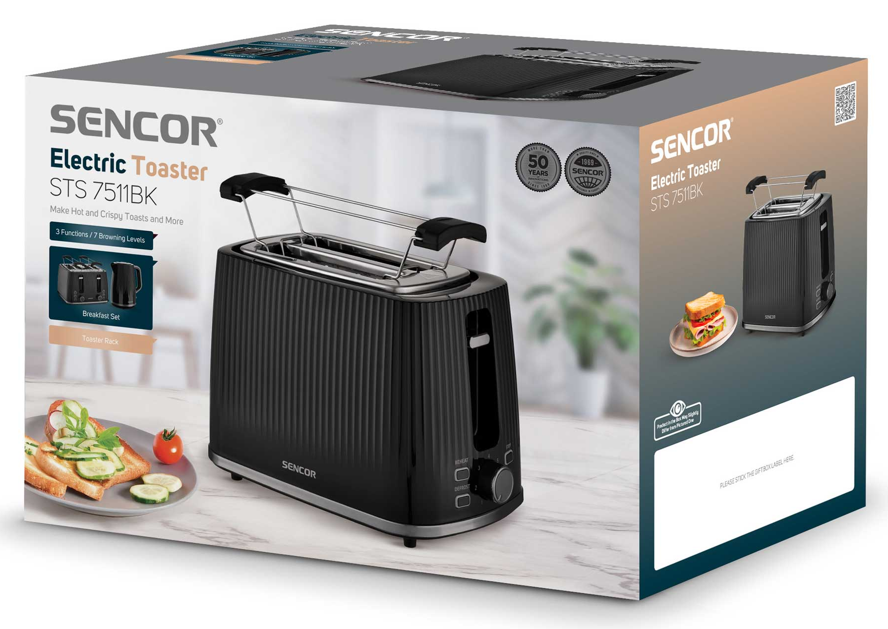 Fekete SENCOR STS 7511BK kenyérpirító márvány felületen, pirítóssal és paradicsommal.