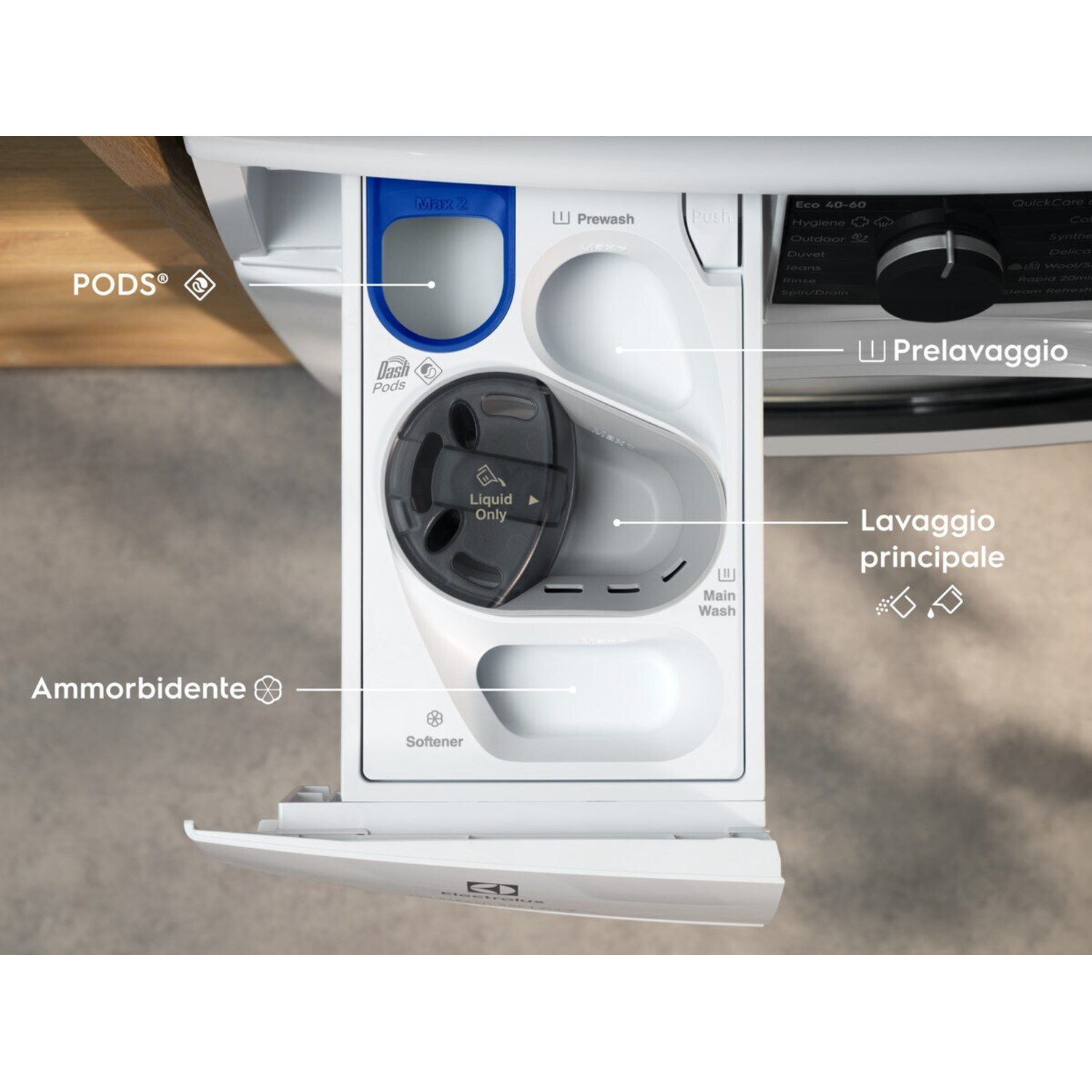 Cassetto detersivo lavatrice con scomparti per pod, ammorbidente e lavaggio principale.