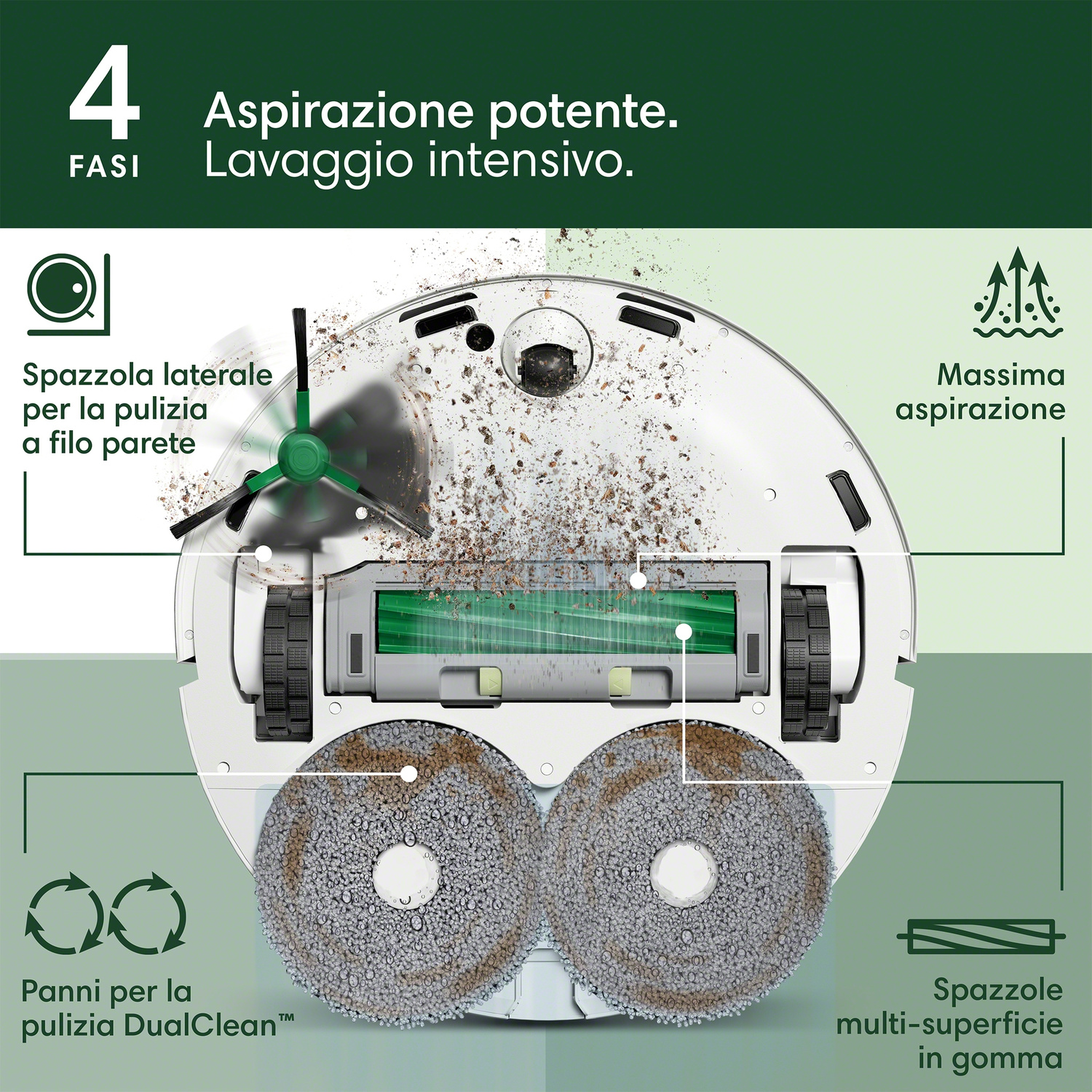 Robot aspirapolvere con spazzola laterale, panni doppi e funzione aspirazione.