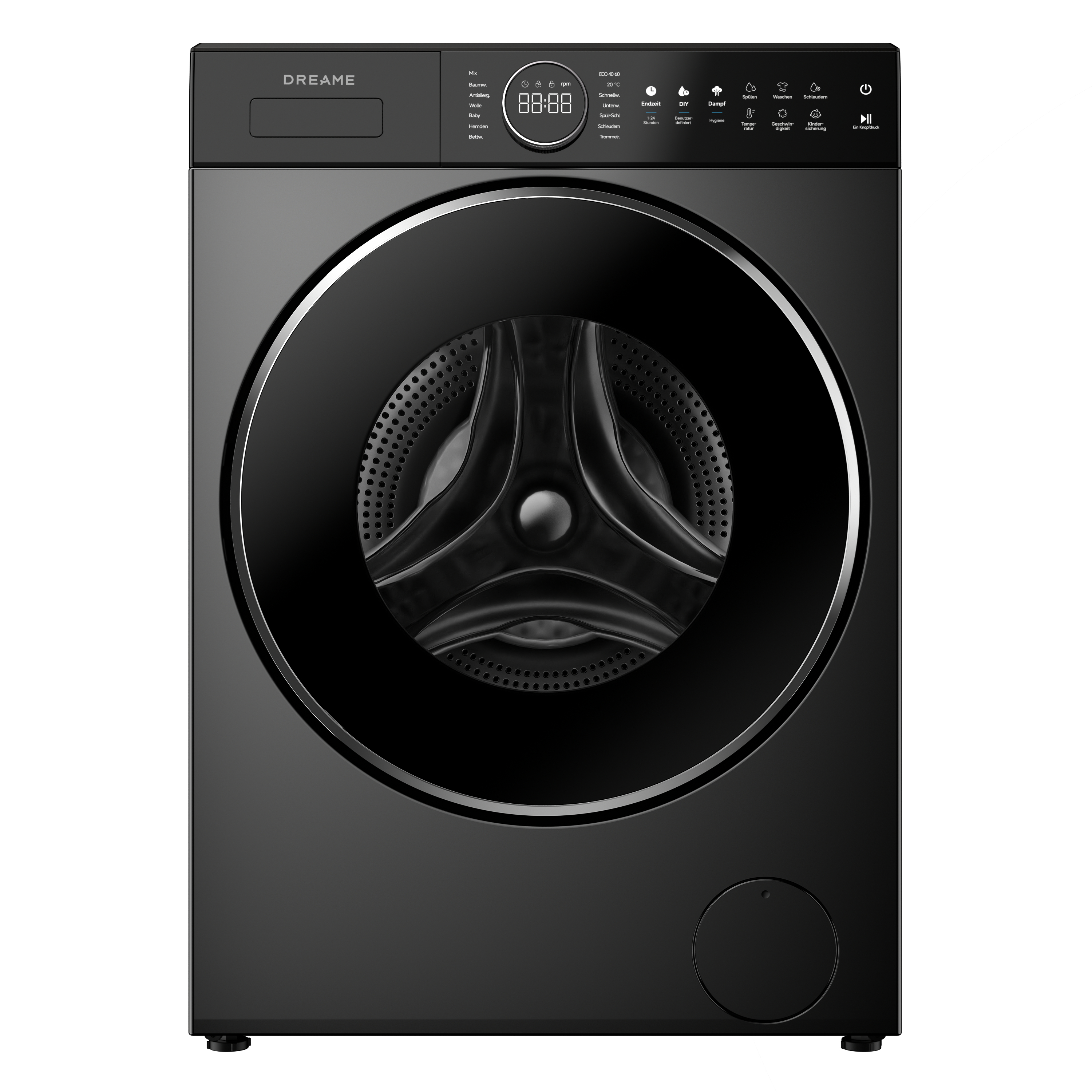 Schwarze Waschmaschine mit digitalem Display und runder Tür.