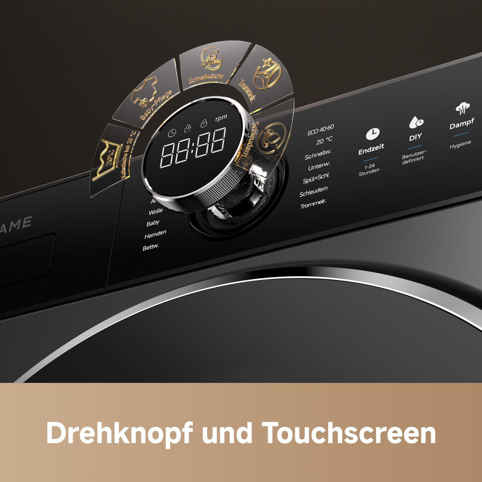 Nahaufnahme einer Waschmaschine mit Drehknopf und digitalem Display.