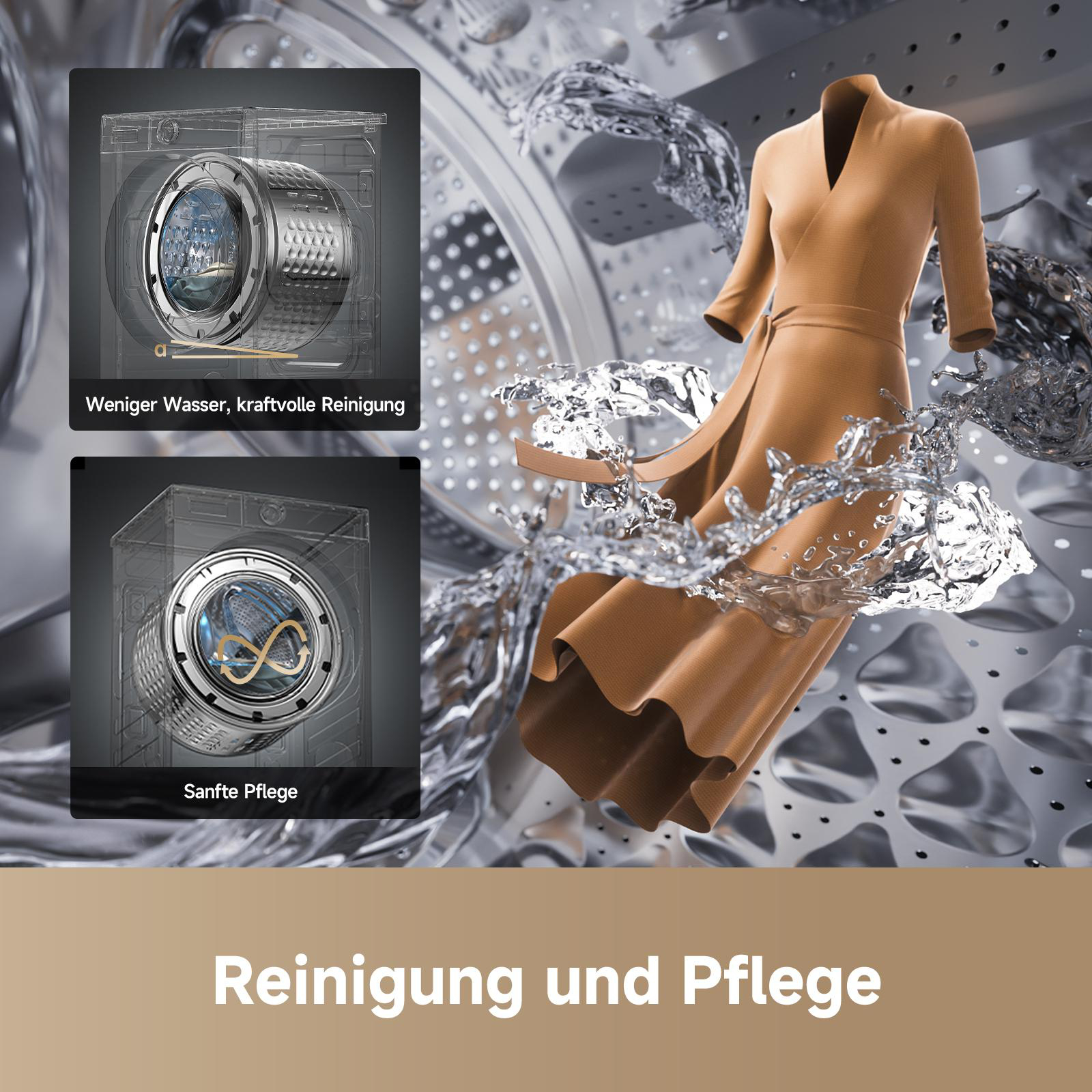 Braunes Kleid in Trommel mit Wasser und Reinigungssymbolen.