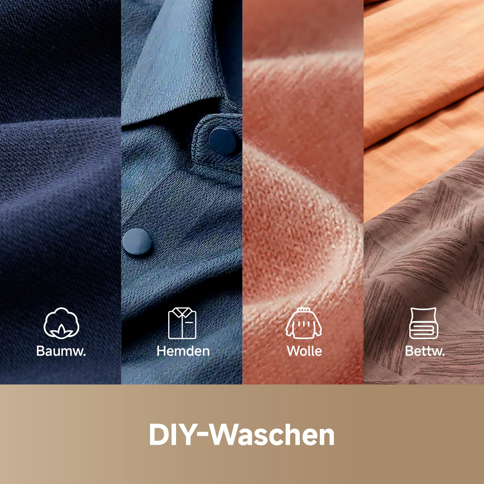 Vier Stoffproben: Baumwolle, Hemden, Wolle, Bettwäsche. DIY-Waschen.