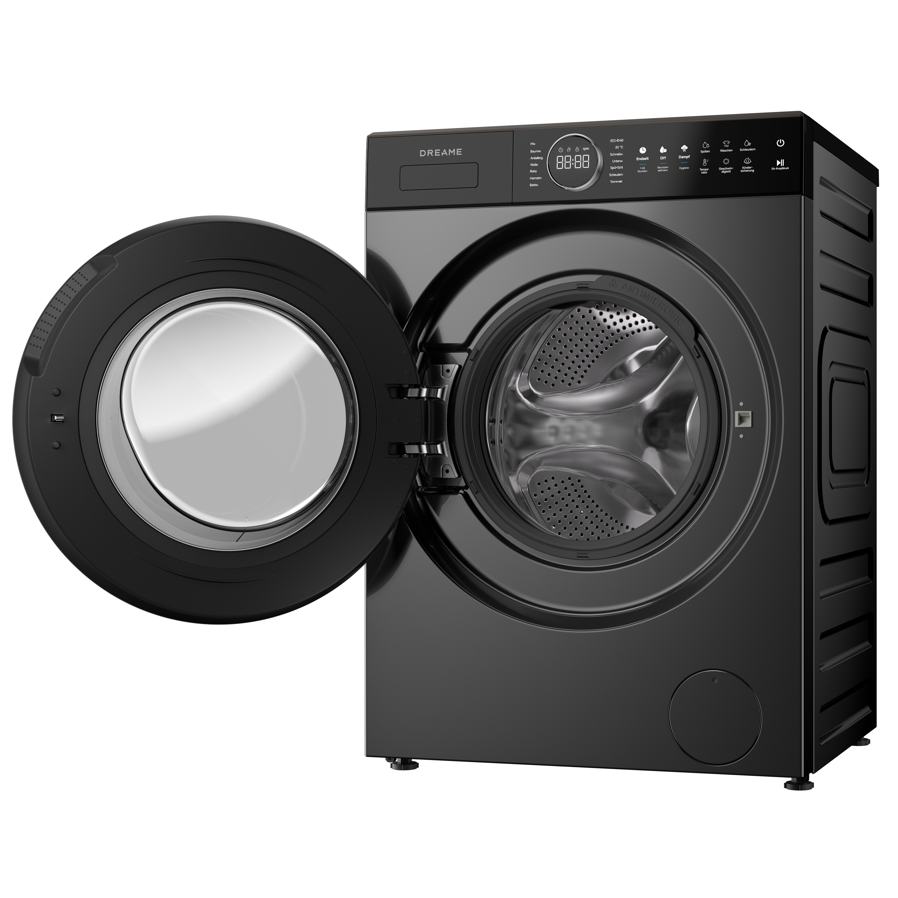 Eine schwarze Waschmaschine mit offener Tür und digitalem Display.