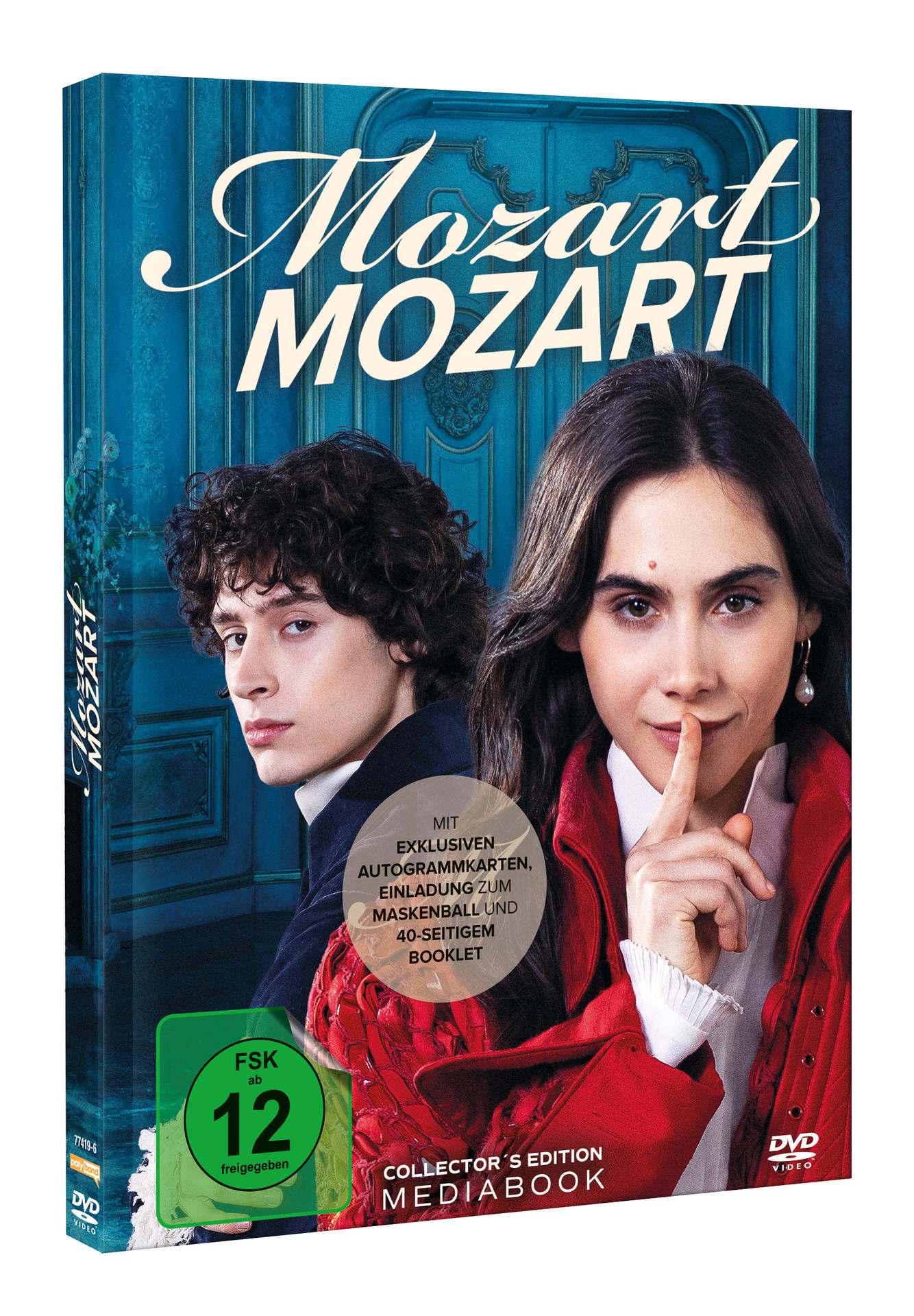 DVD-Mediabook mit jungen Leuten, Mozart-Schriftzug und FSK 12 Siegel.