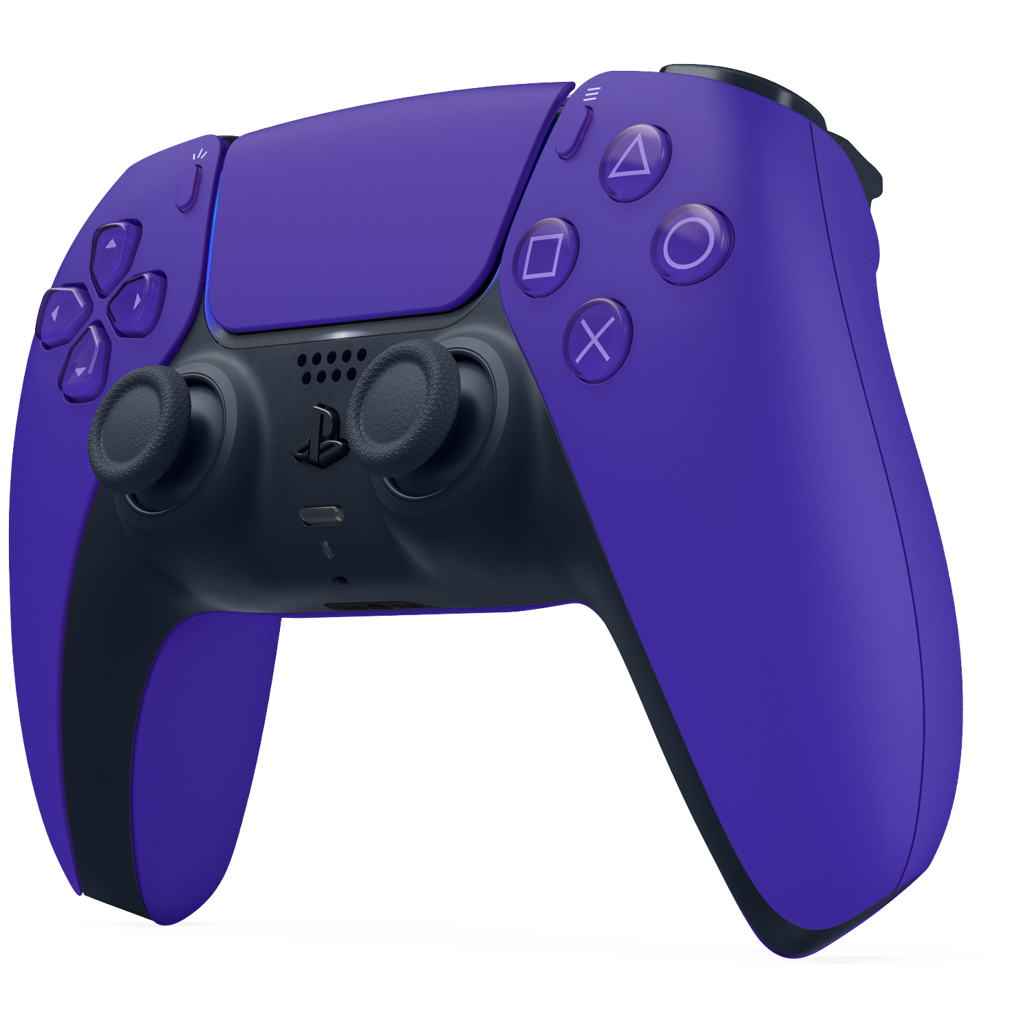 A purple and black video game controller with a black background.