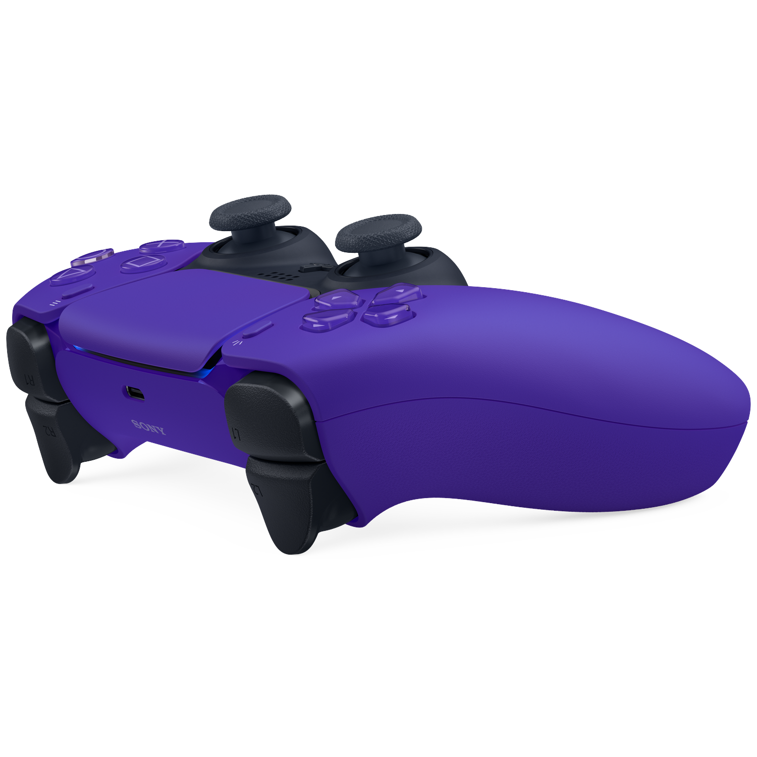 A purple controller with black accents and buttons, on a black background.