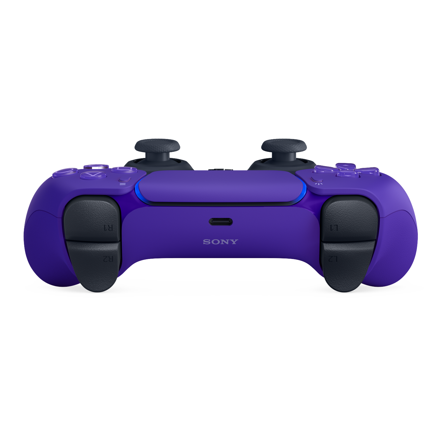 Purple PS5 controller with Sony logo and USB-C port.
