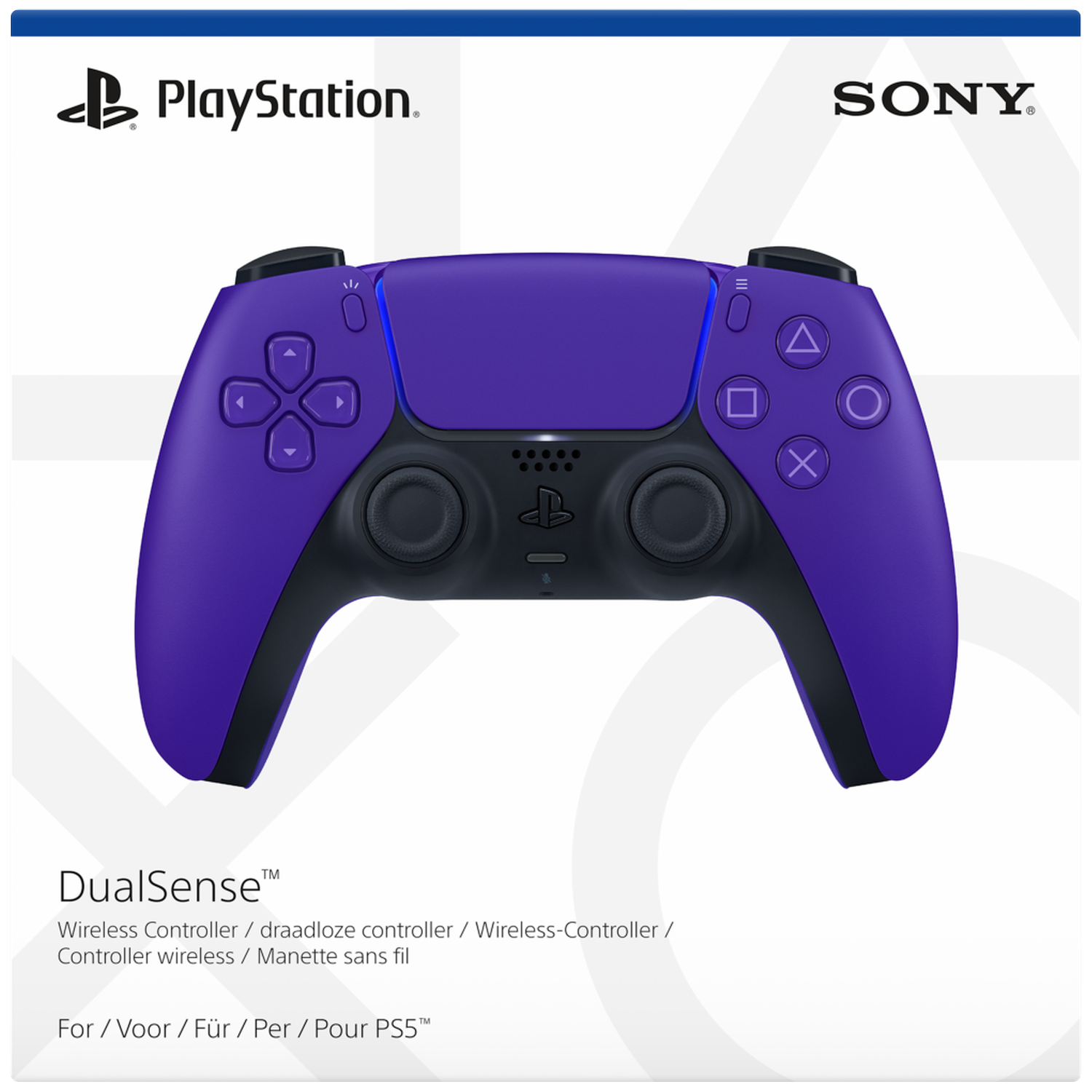 Purple PlayStation DualSense controller with Sony logo.