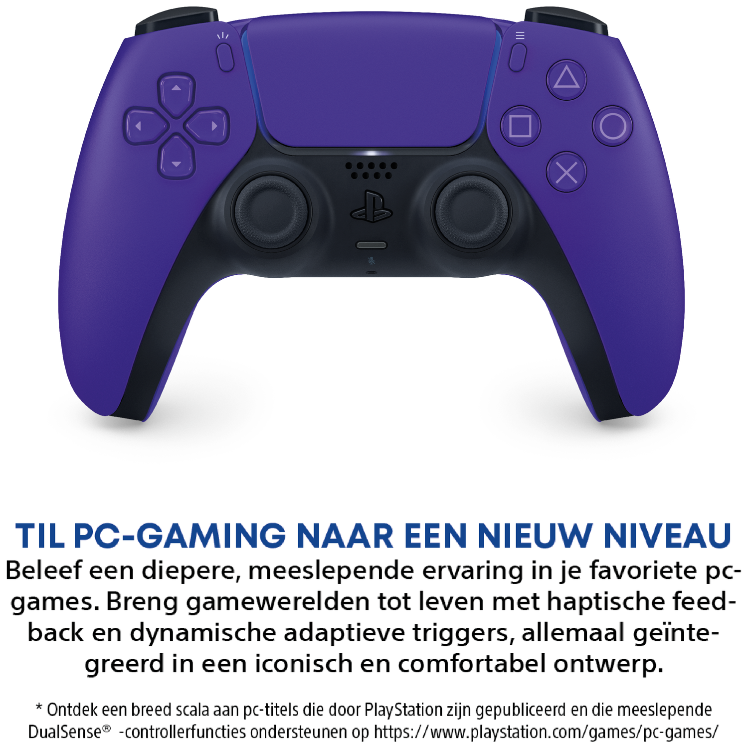 Purple PlayStation DualSense controller for PC gaming.