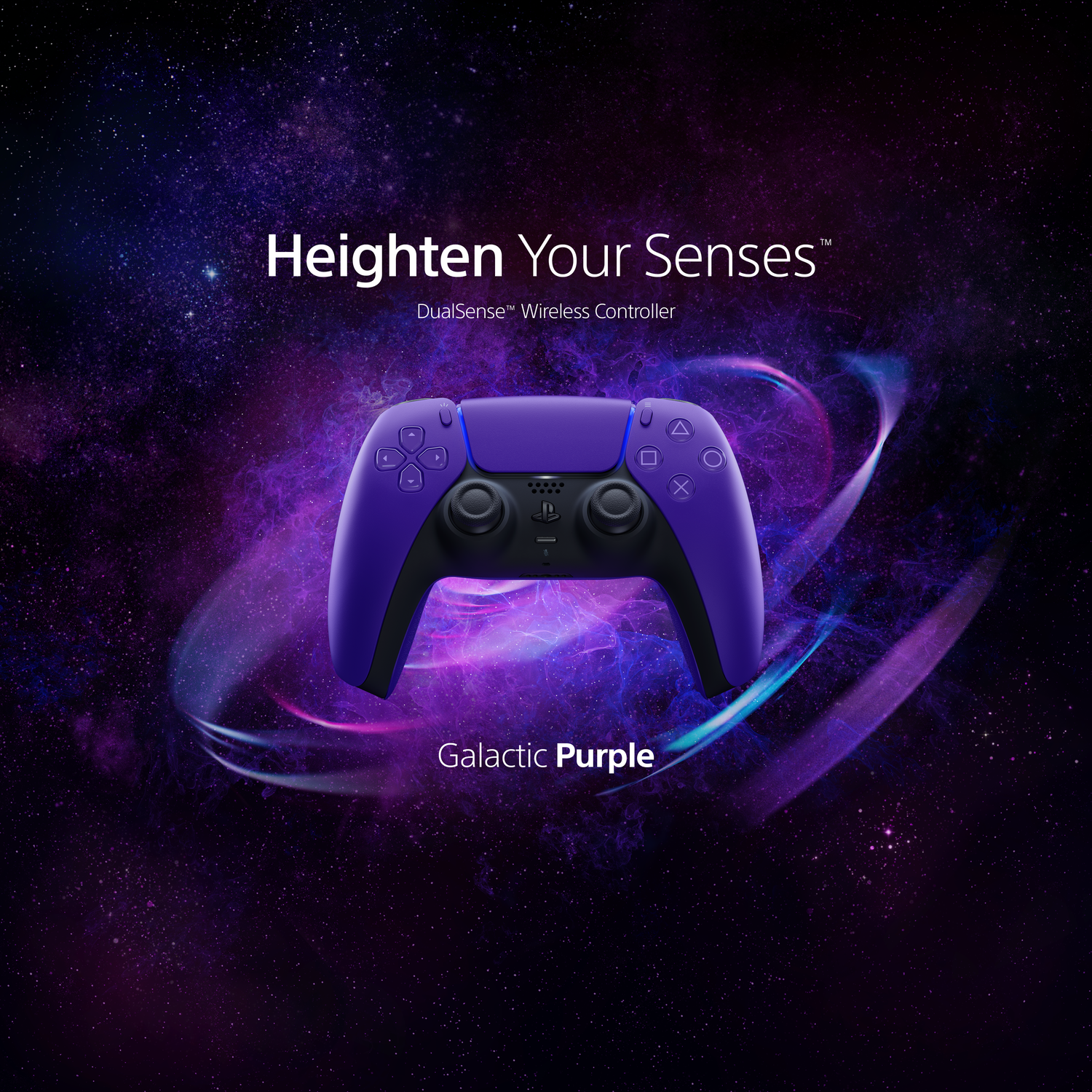Purple DualSense controller against a starry, nebula-filled background.