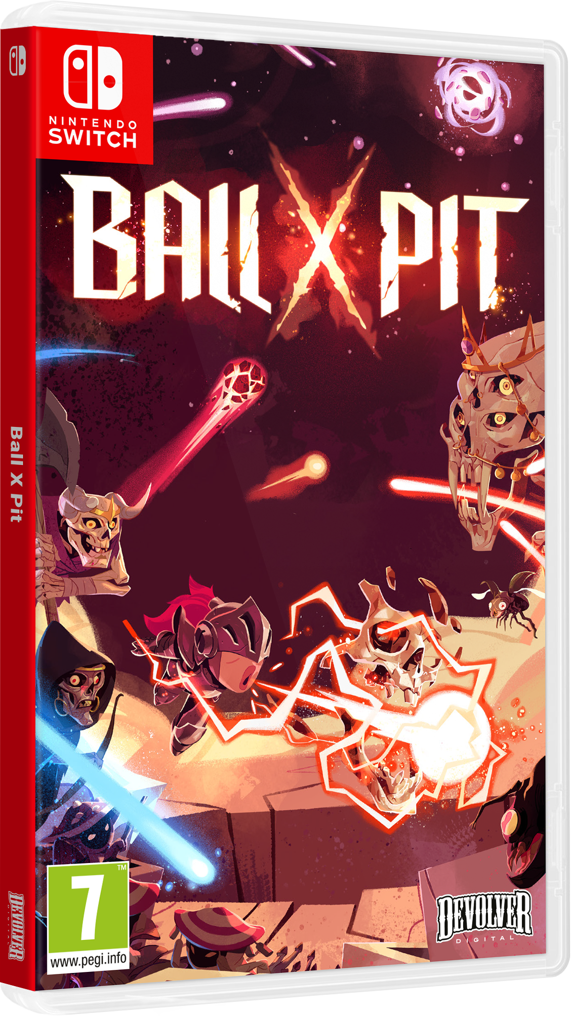 Caja del juego Nintendo Switch 'Ball X Pit' con guerreros esqueleto y magia.