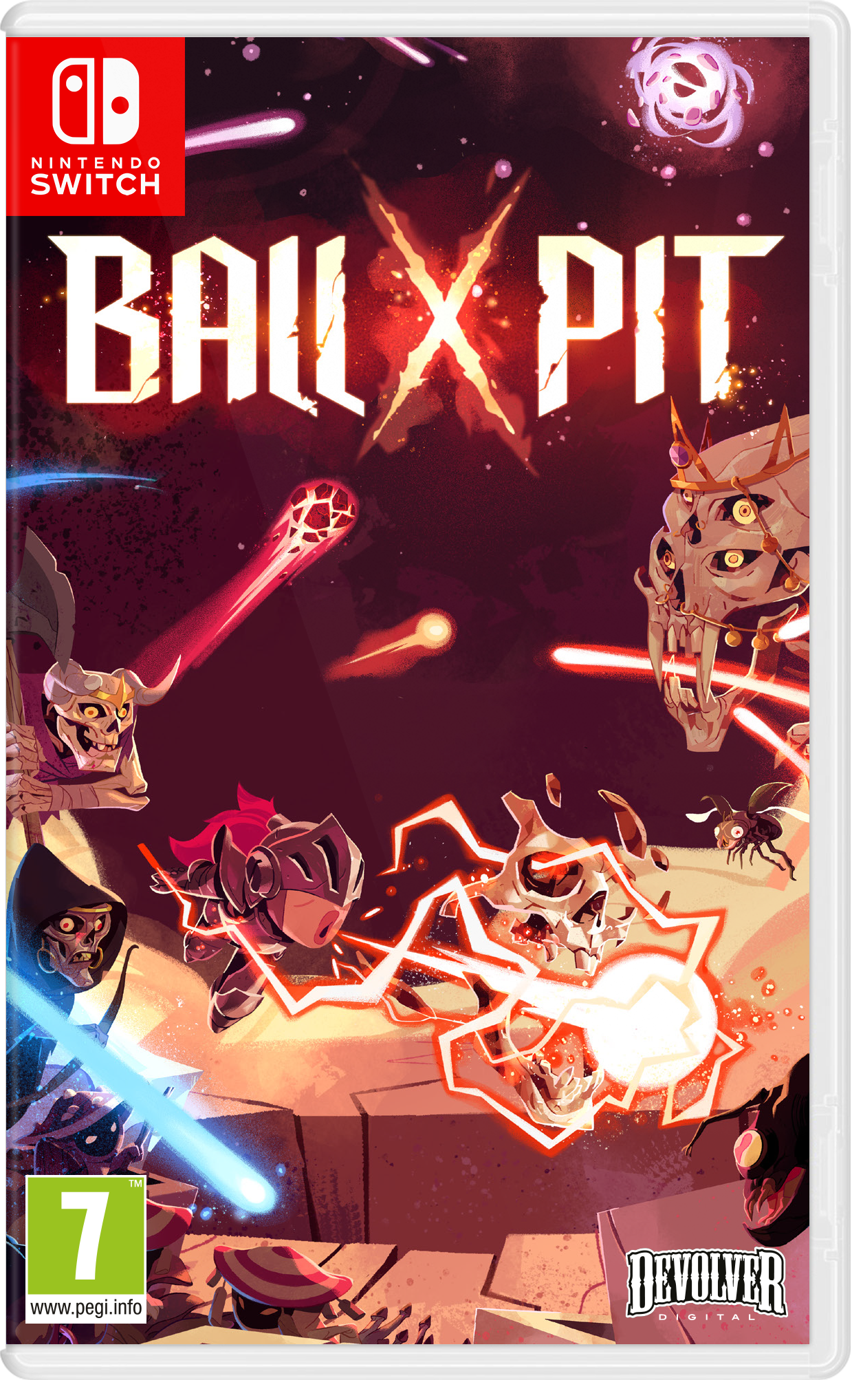 Arte de juego de Nintendo Switch: Ballistic X Pit presenta esqueletos, caballeros y explosiones.