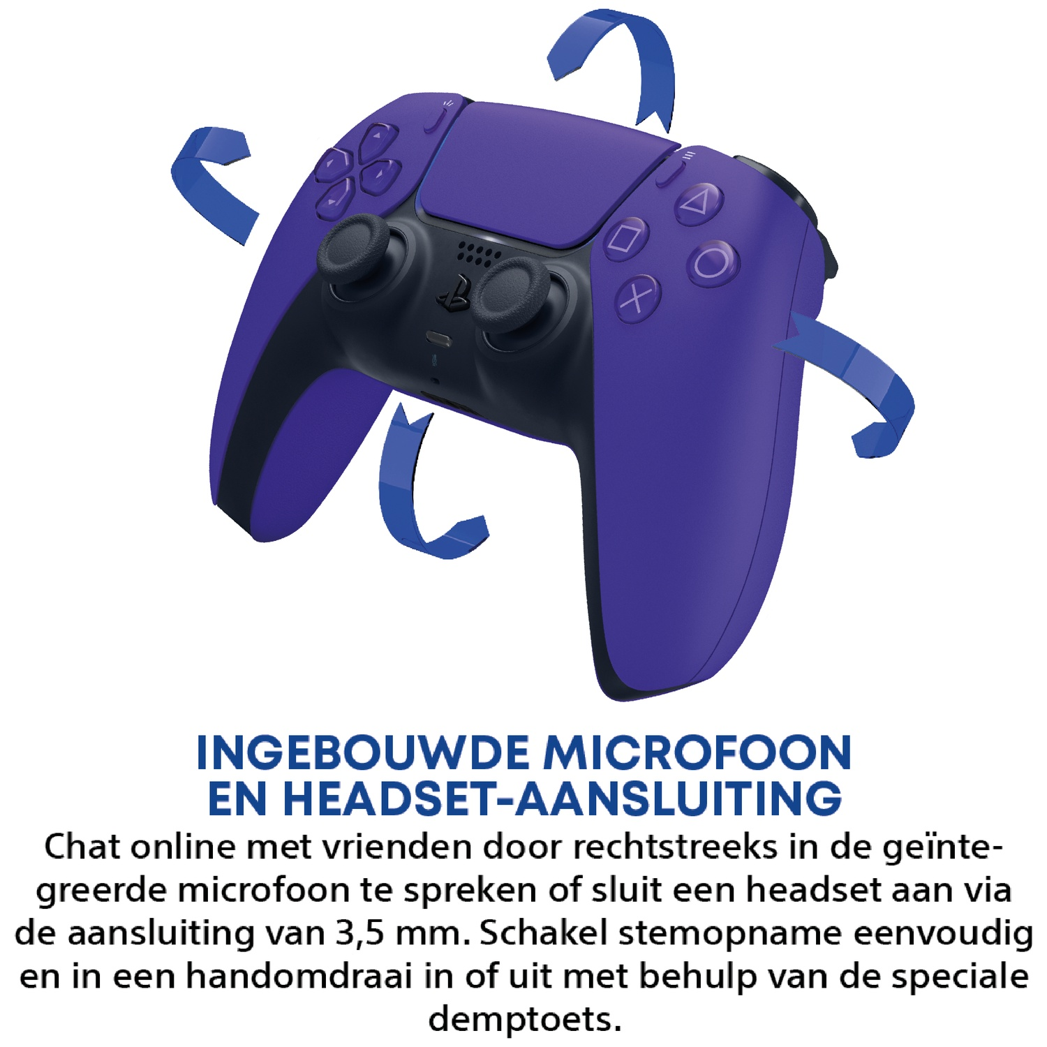 Purple game controller with blue arrows indicating rotation. Text describes built-in mic/headset jack.