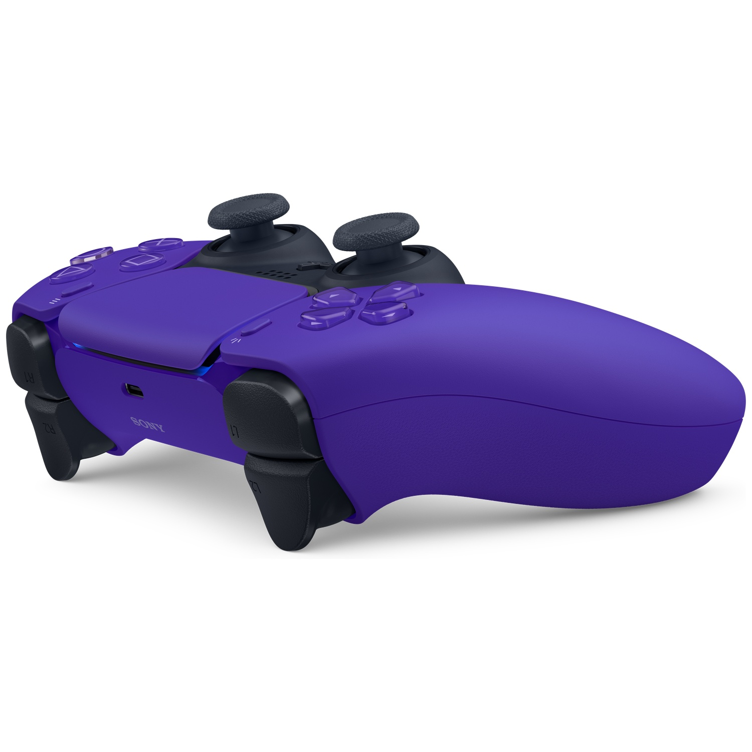 A purple PlayStation controller with black grips and buttons, isolated on a white background.
