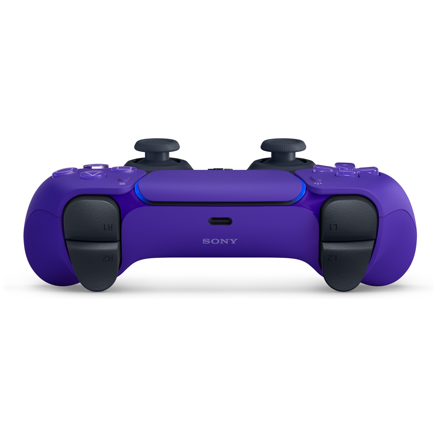 A purple PlayStation 5 controller with black buttons and joysticks.