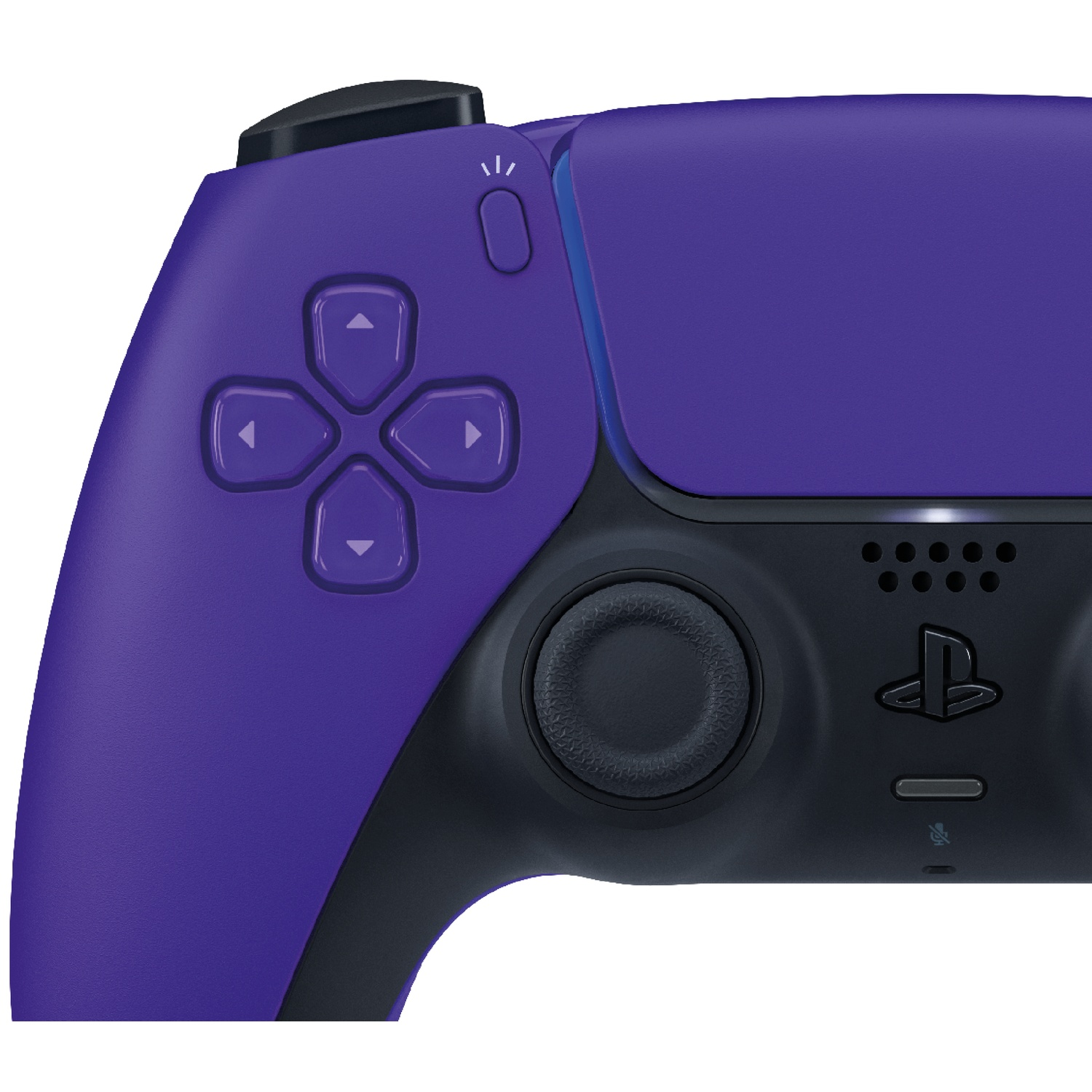 Purple controller close-up showing D-pad and analog stick.