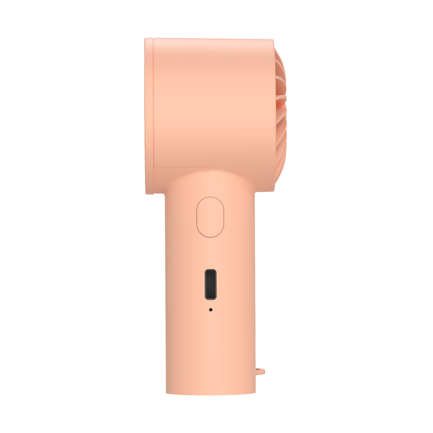 Un ventilatore portatile color pesca con interruttore nero e un foro.