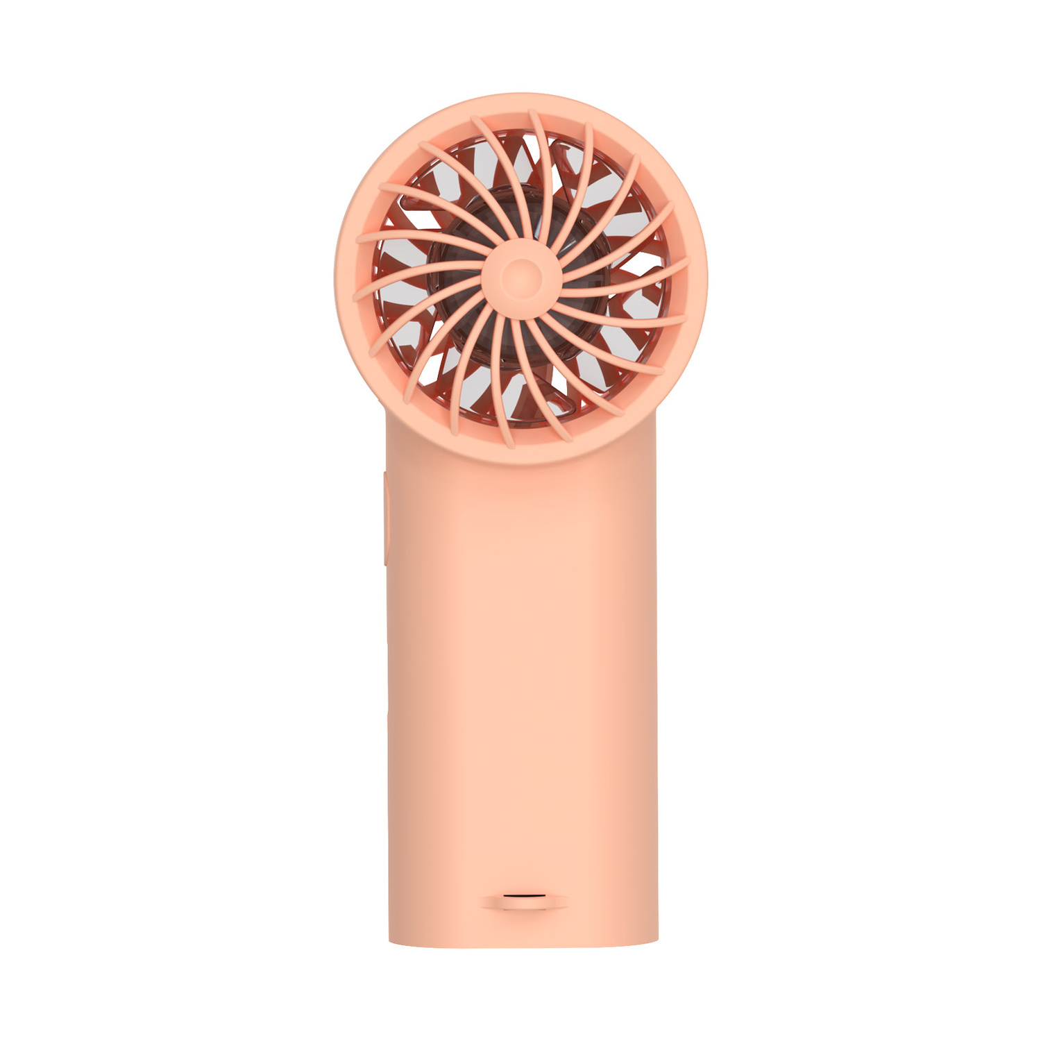 Un piccolo ventilatore portatile color pesca con griglia rotonda e pale visibili.