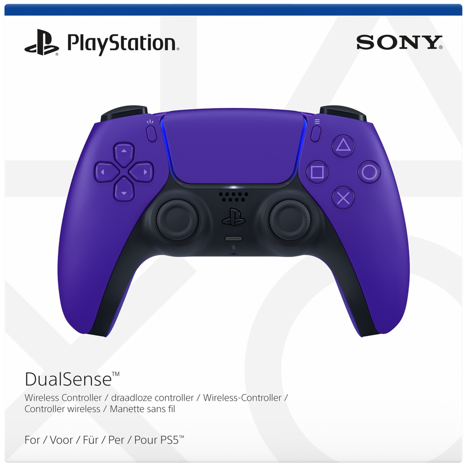 Purple DualSense wireless controller for PS5 with PlayStation and Sony logos.