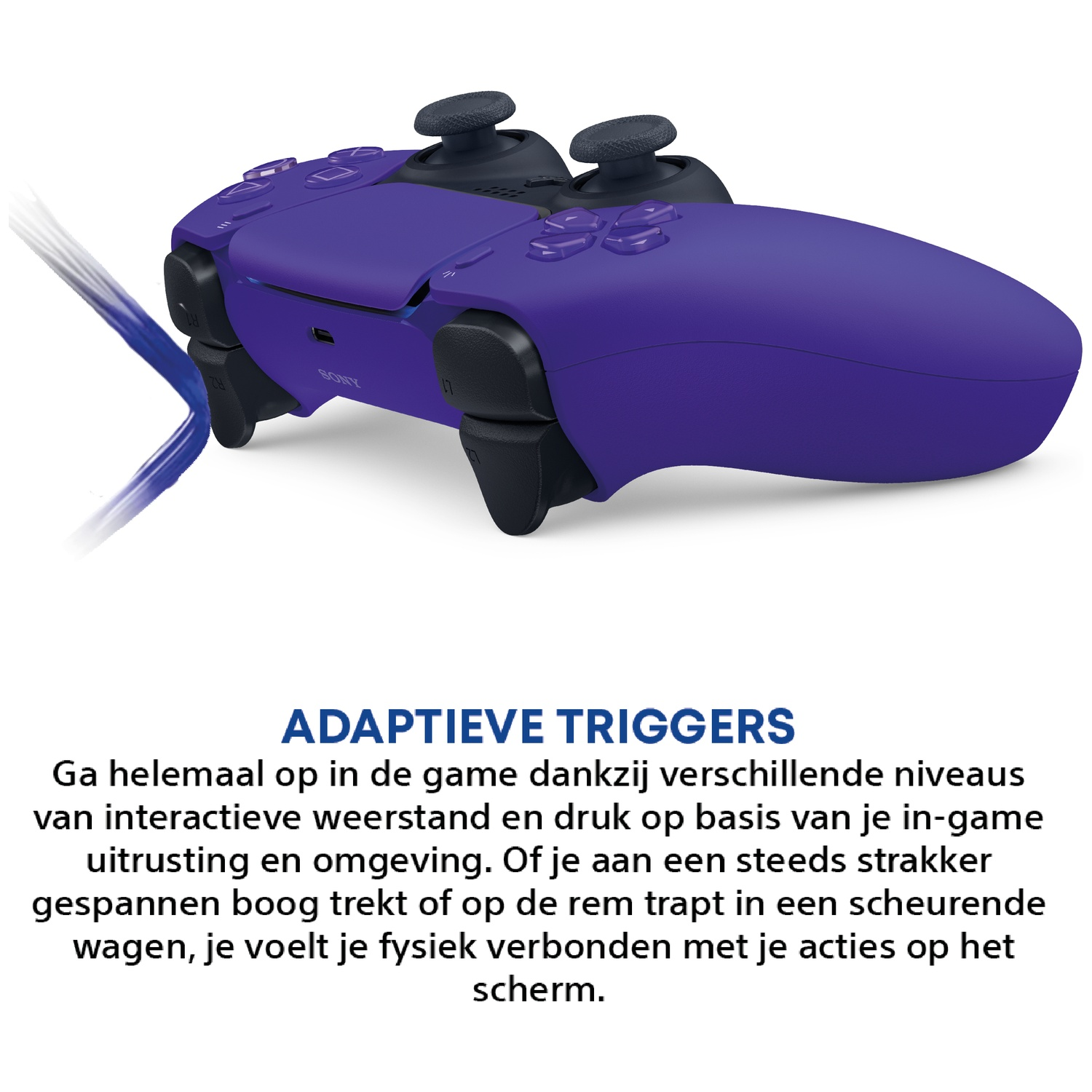 Purple PlayStation 5 controller with blue cables.