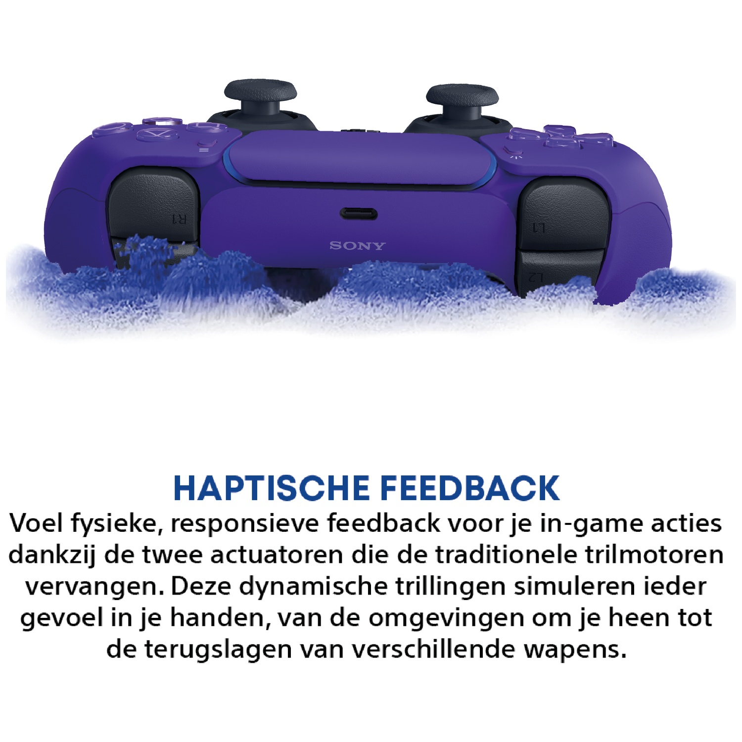 Purple Sony controller with blue wave effects. Text discusses haptic feedback.