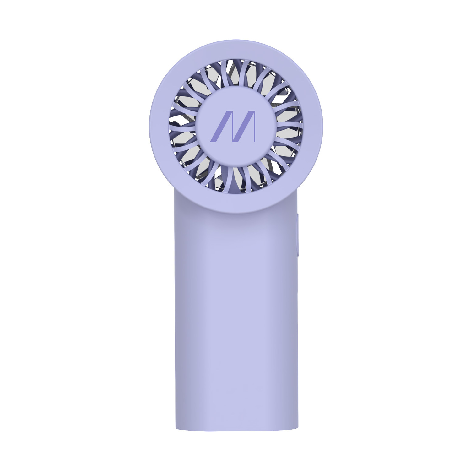 Un ventilatore portatile lavanda con una "M" stilizzata sulla griglia.