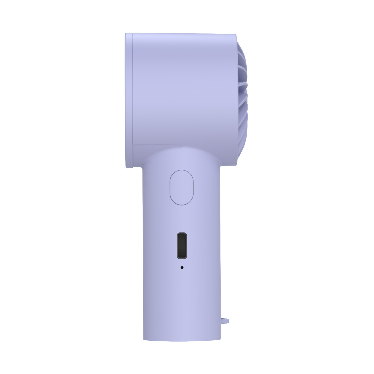 Un ventilatore portatile lavanda con un pulsante rotondo e un interruttore nero.