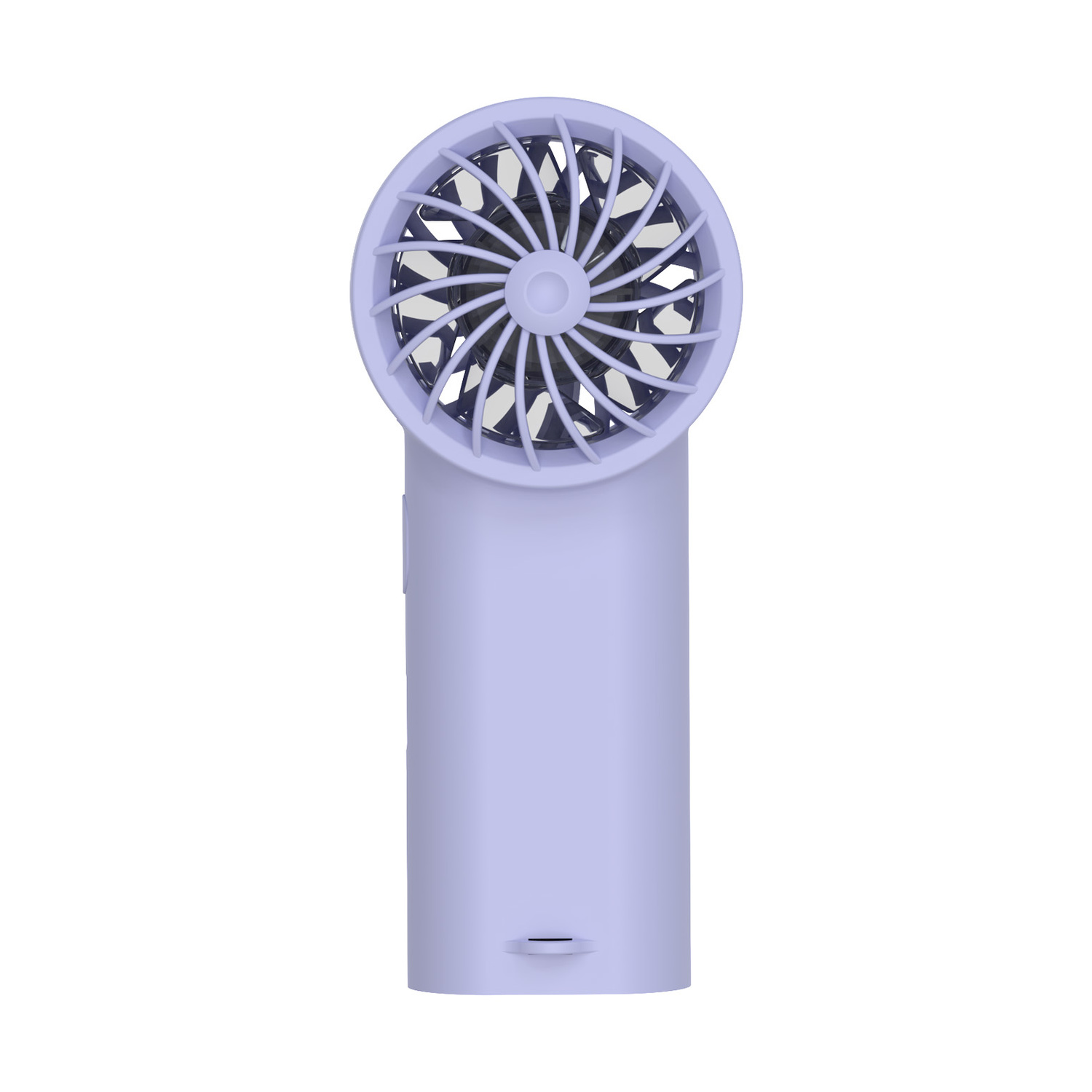 Un ventilatore portatile viola con rotore grigio e griglia bianca.