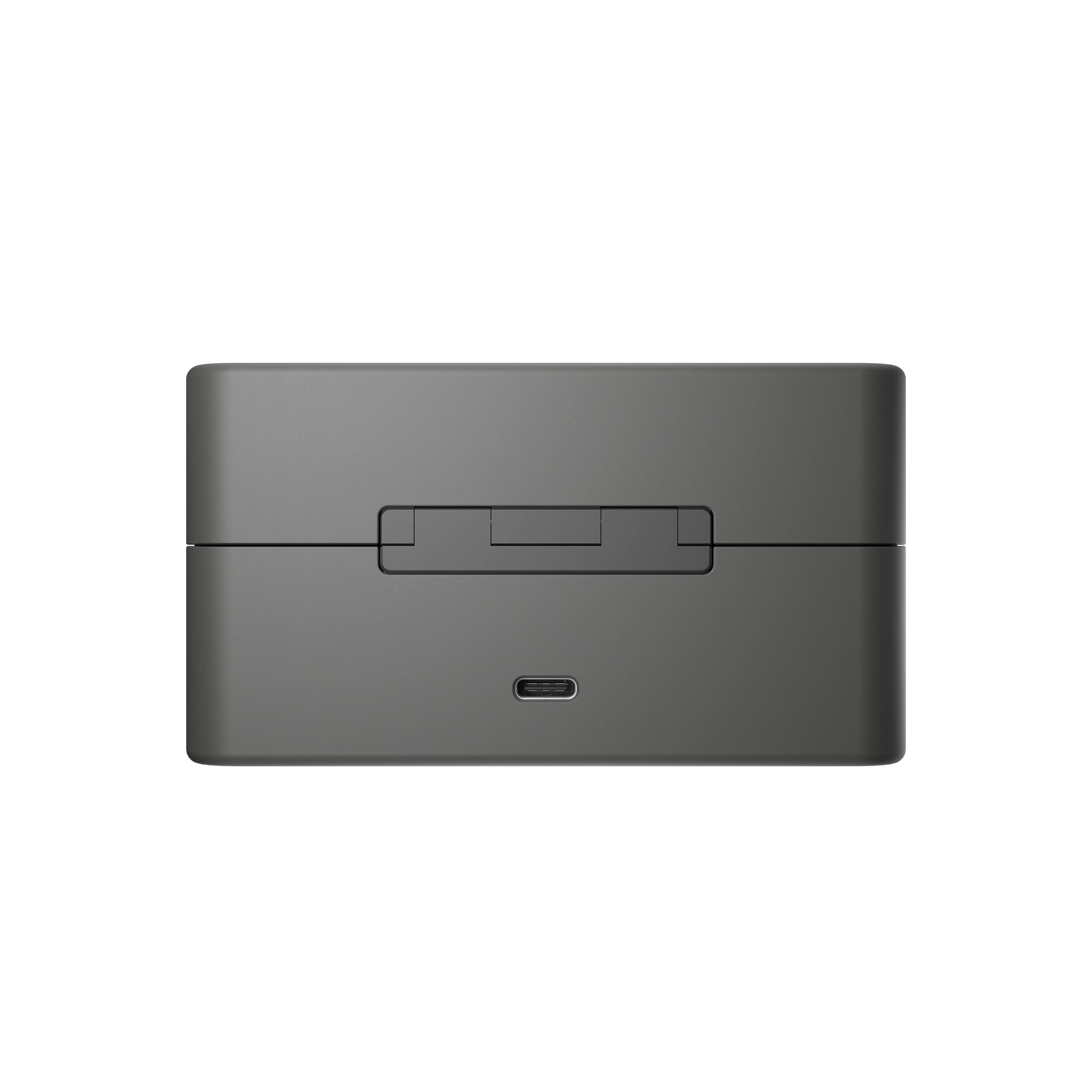 Graues Ladeetui mit USB-C-Anschluss und Verriegelungsmechanismus.
