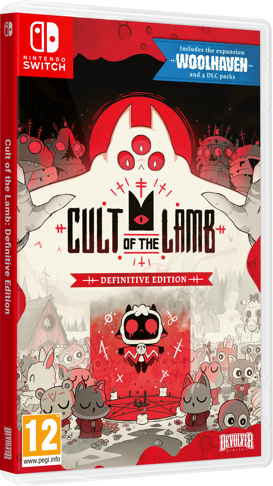 Portada del juego de Nintendo Switch Cult of the Lamb: Definitive Edition. Personajes y título estilizados.