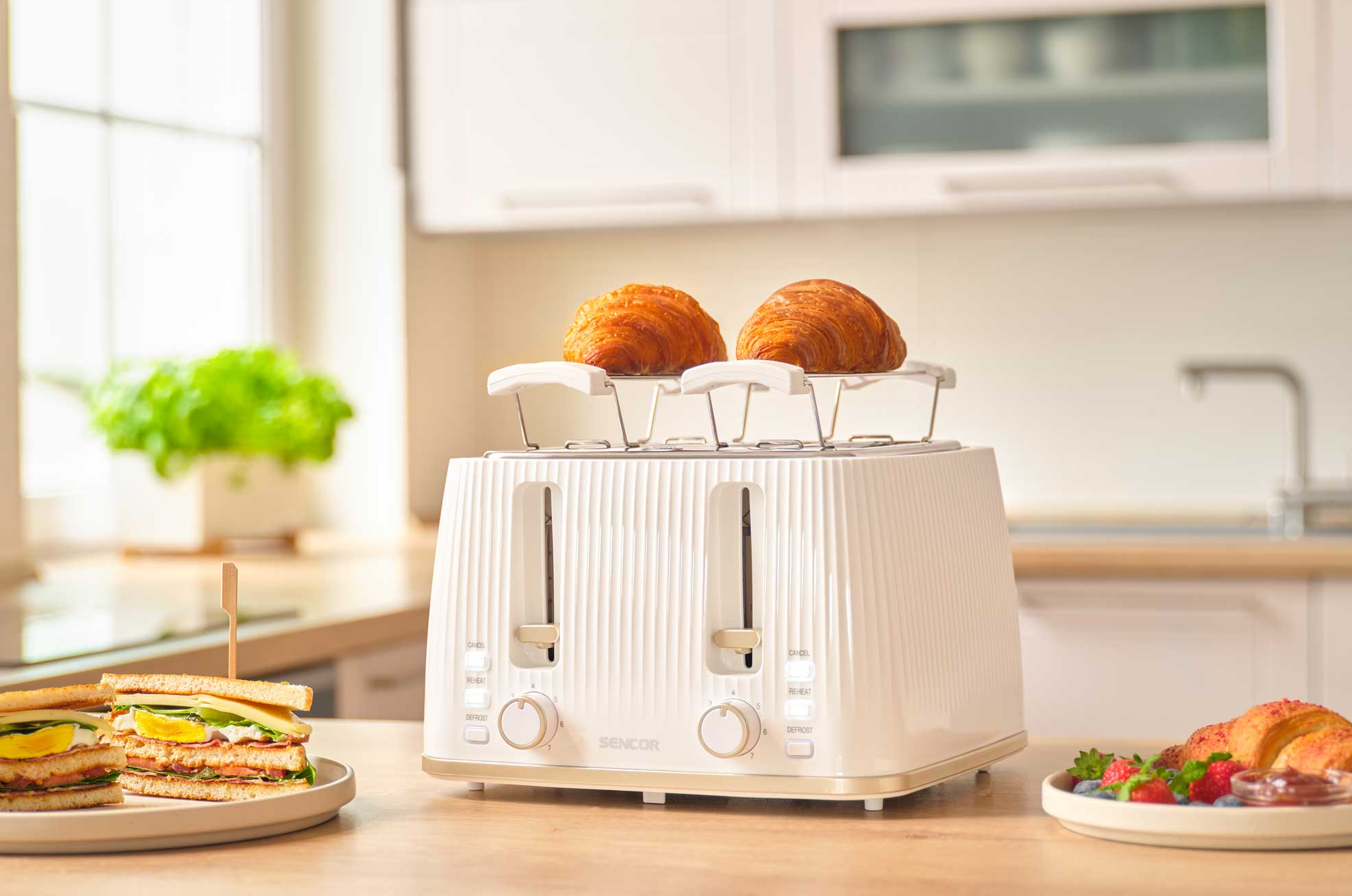 Fehér kenyérpirító két croissanttal, szendvicsekkel és bogyós gyümölcsökkel konyhai pulton.
