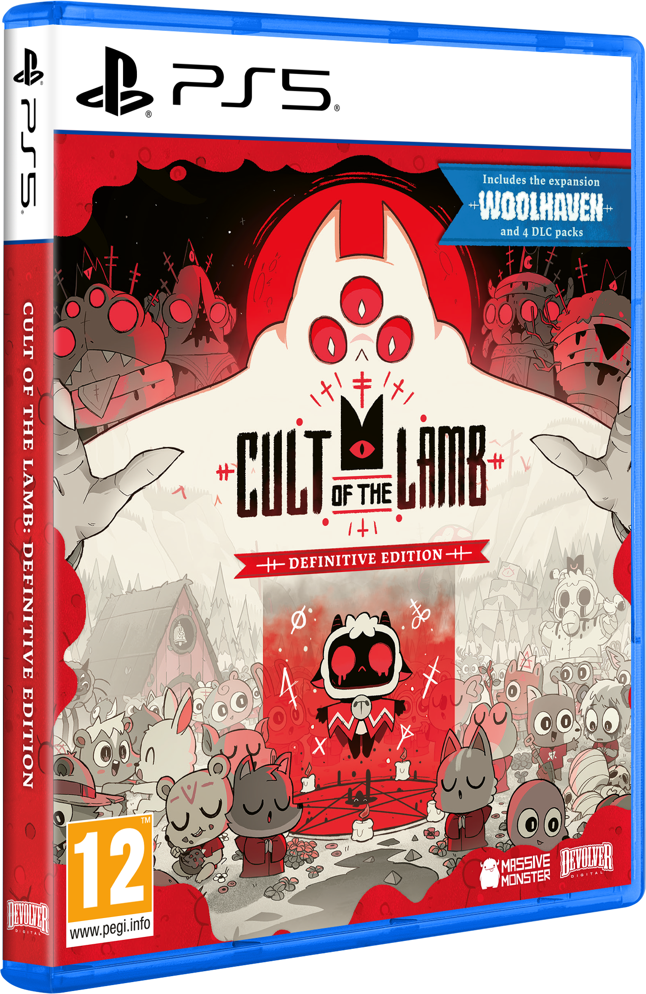 Caja de juego PS5 "Cult of the Lamb" con personajes coloridos y demonios rojos.
