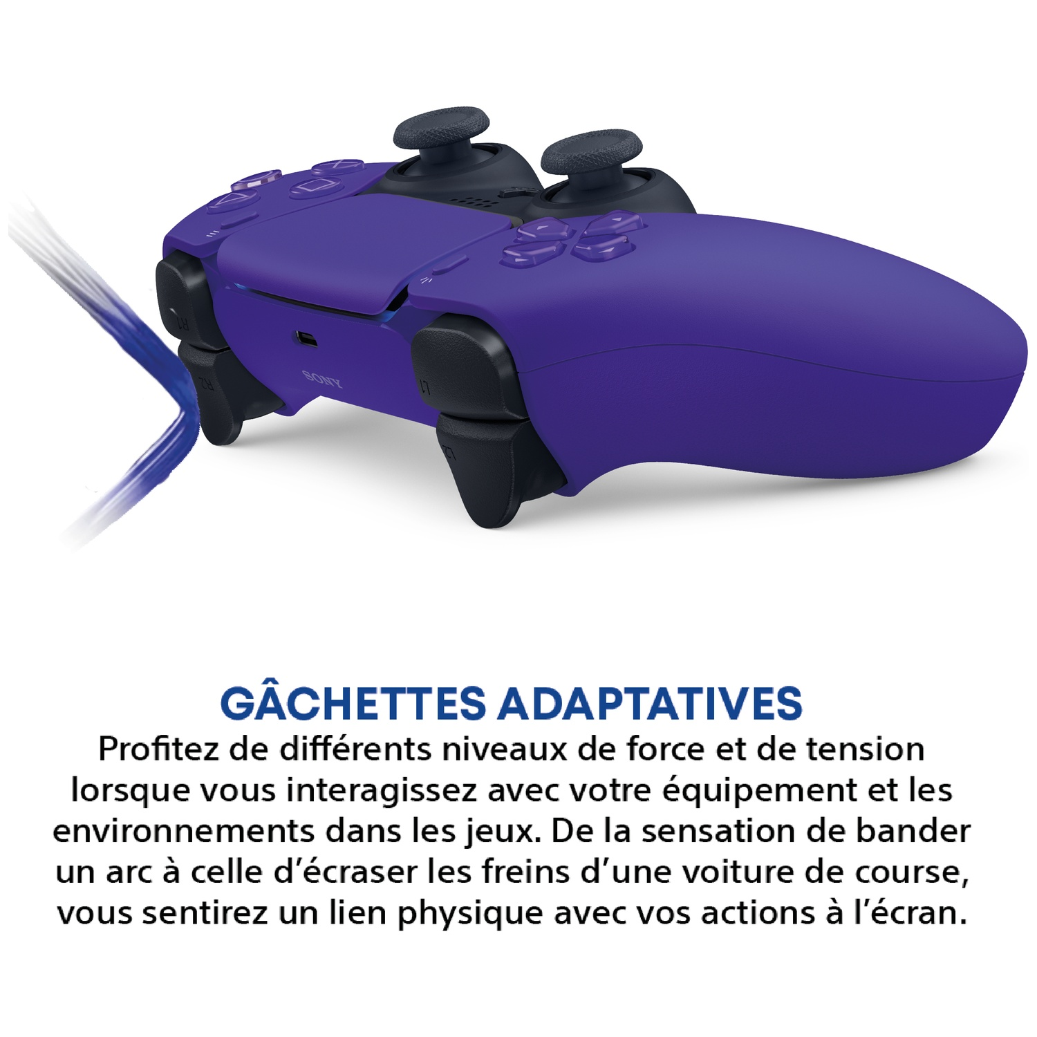 Purple PlayStation 5 controller with adaptive triggers, close-up