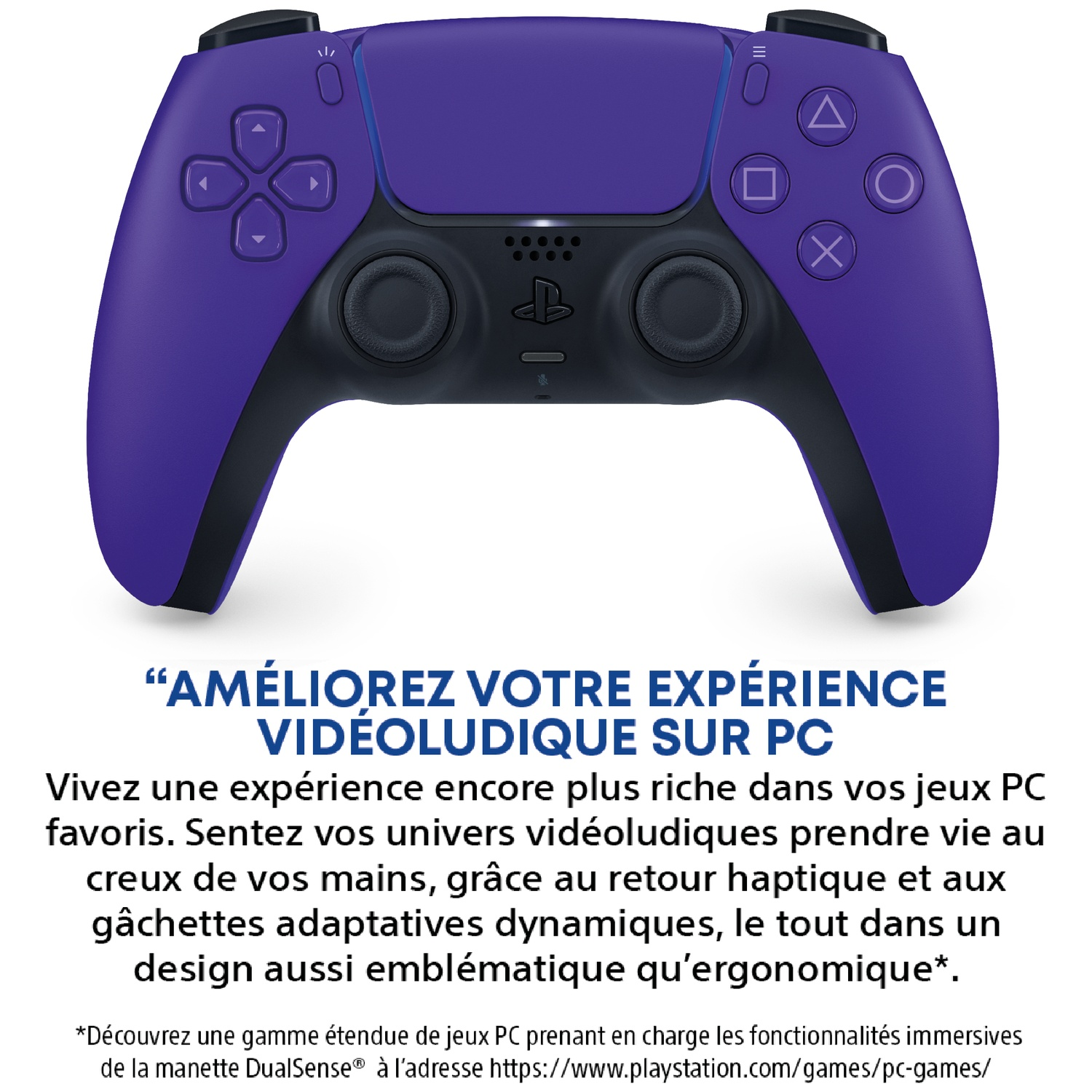 Purple PlayStation 5 controller with black accents and buttons.