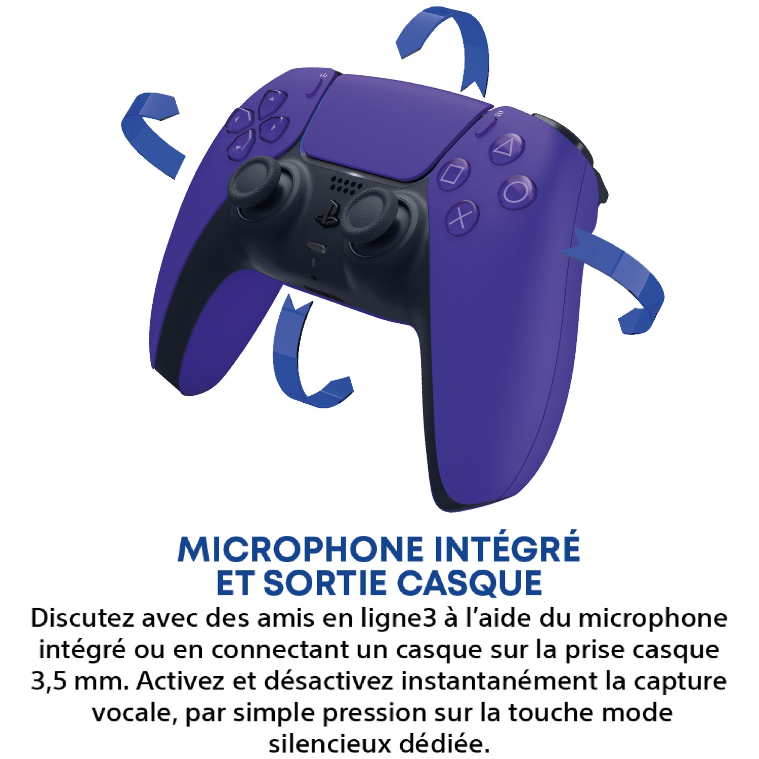 Purple PlayStation 5 DualSense controller with blue arrows indicating features.