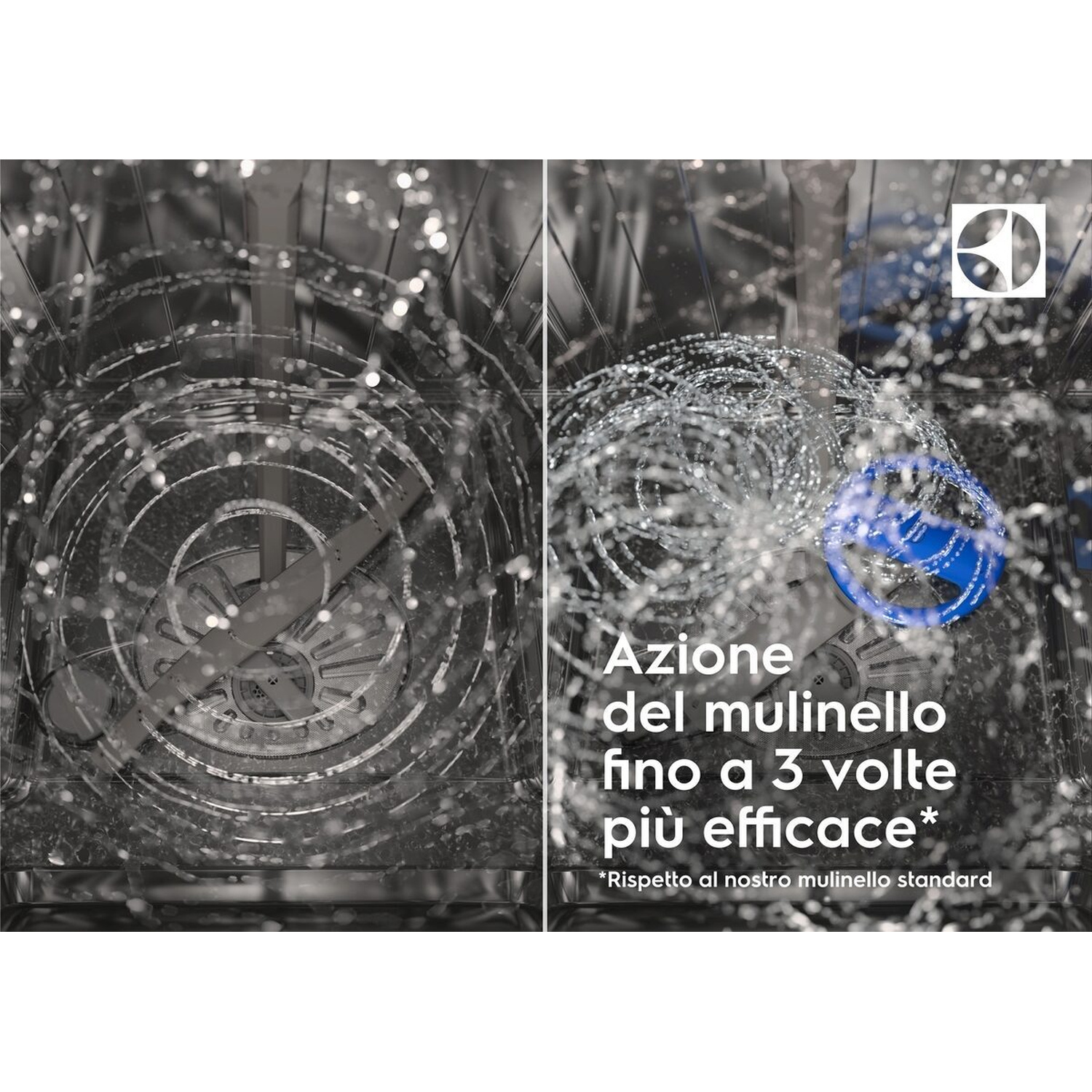 Braccio spruzzatore lavastoviglie in azione con spruzzi d'acqua e parte blu.