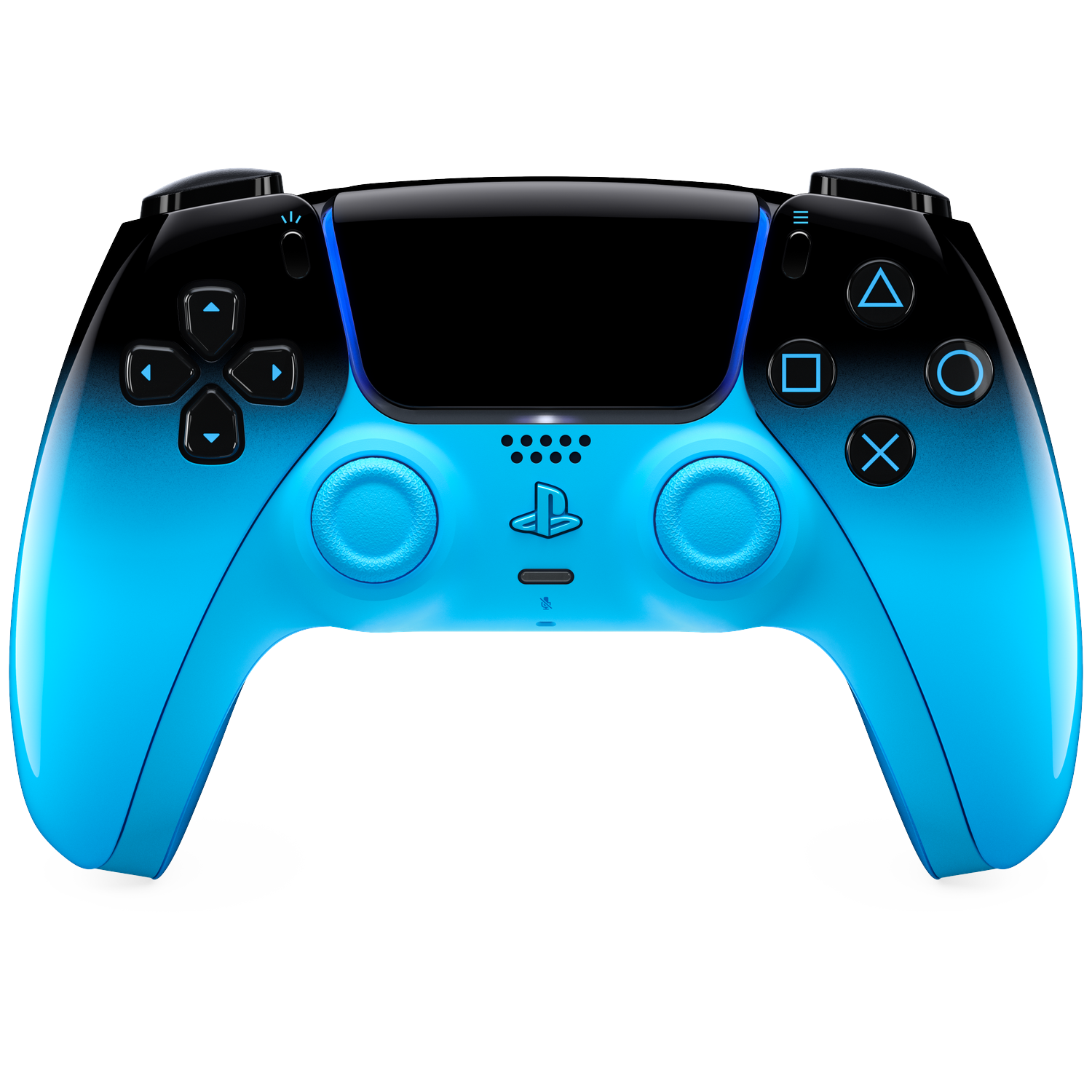 Een blauwe en zwarte gamecontroller met gloeiende blauwe symbolen op een zwarte achtergrond.