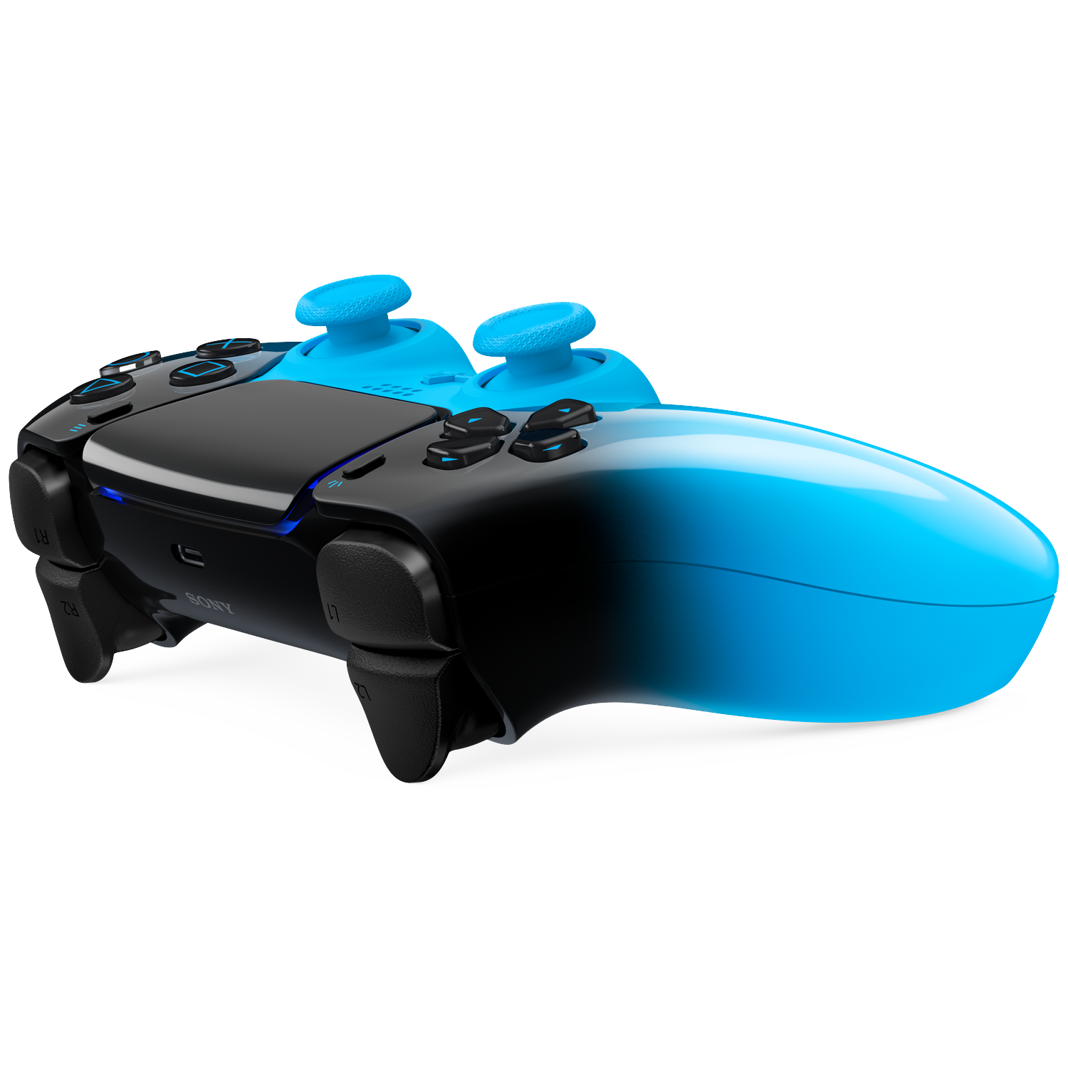 Een zwart-blauwe tweekleurige videogamecontroller met blauwe analoge sticks en knoppen.