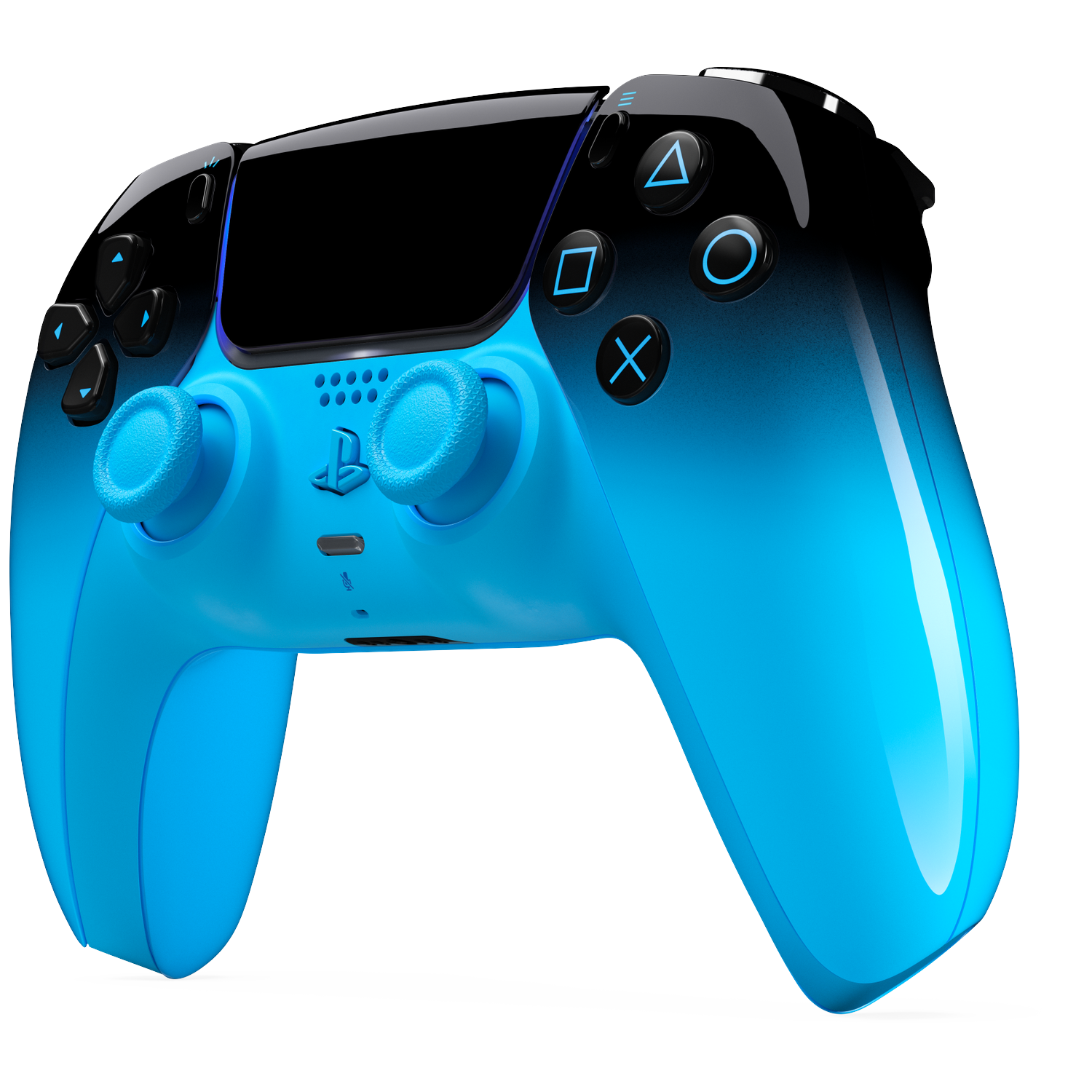 Een blauwe en zwarte gamingcontroller met verlichte knoppen op een zwarte achtergrond.