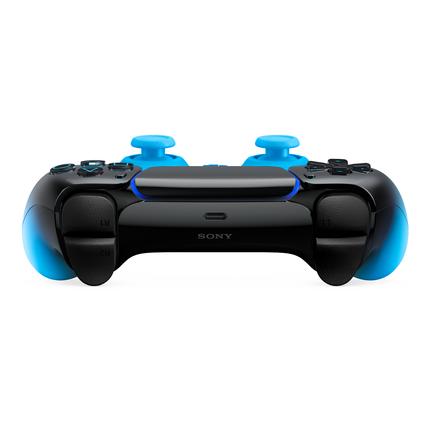 Zwarte controller met blauwe accenten en joysticks, Sony-logo.