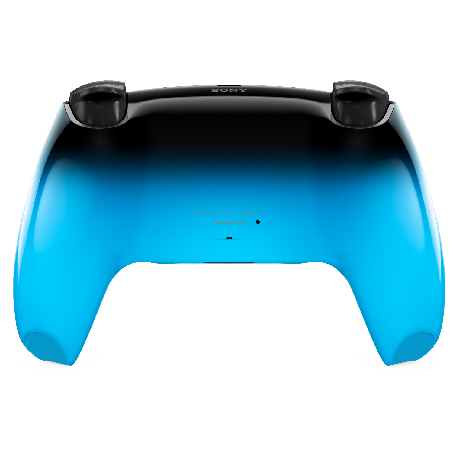 Een blauwe en zwarte controller met Sony-logo, gedetailleerd.
