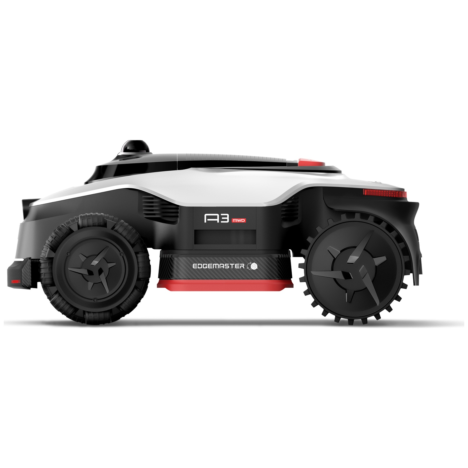 A white and black robotic lawn mower with large wheels and red accents.