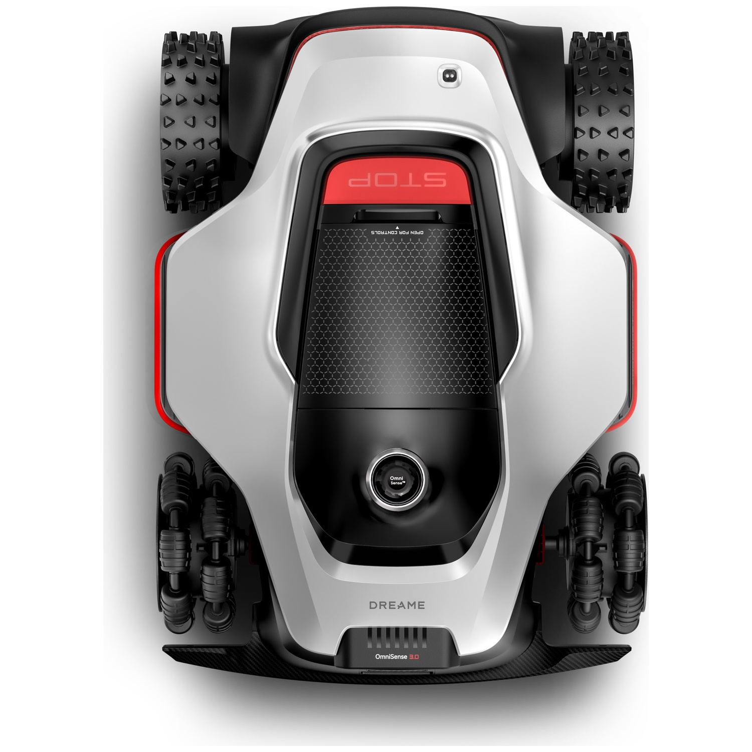 A white, modern lawn mower robot with black wheels and red accents.