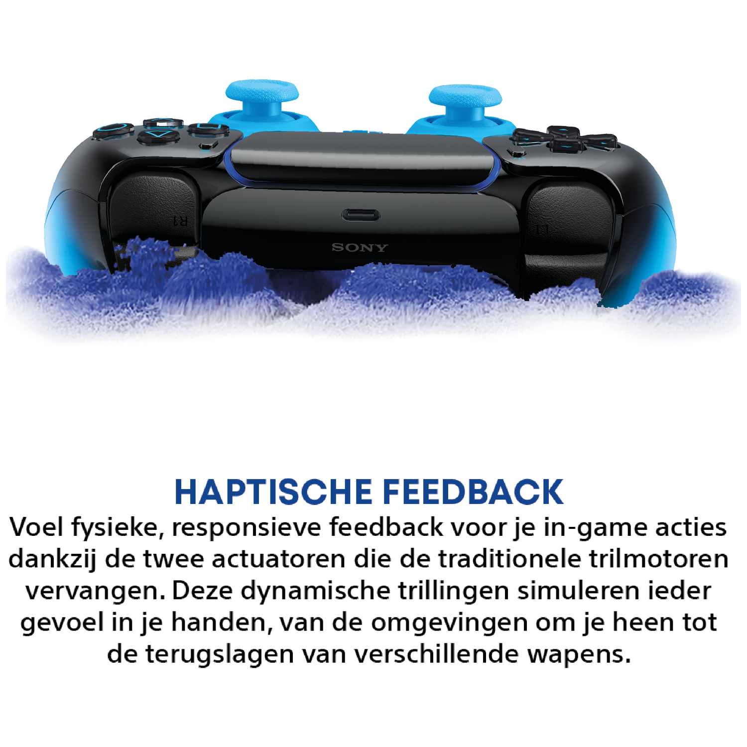 Zwarte controller met blauwe accenten, omringd door blauwe golven.
