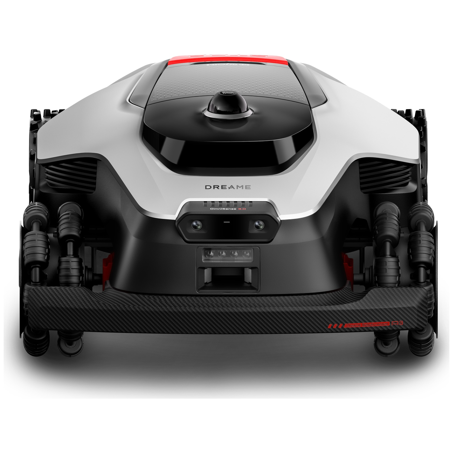 A white and black robot lawn mower with red accents and wheels.