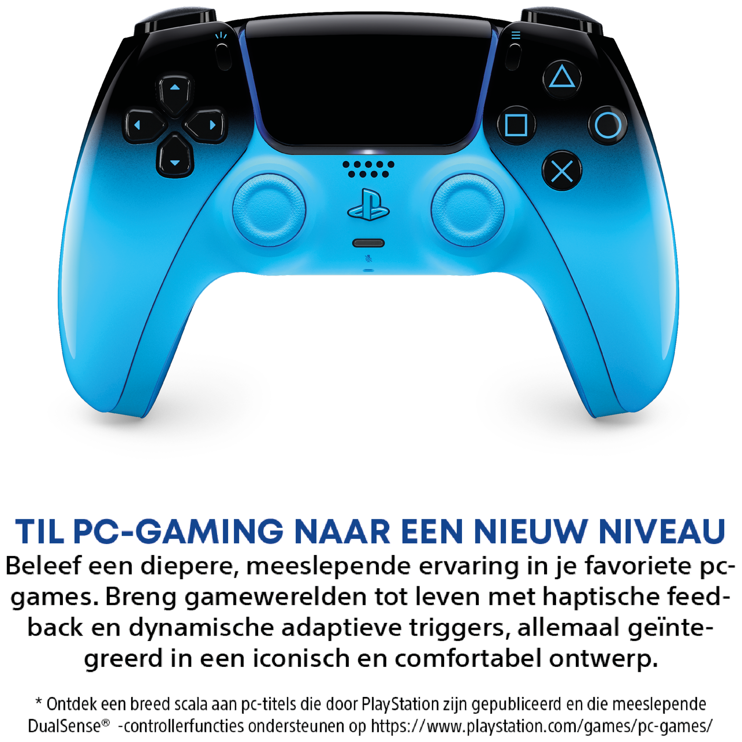 Blauwe en zwarte DualSense controller met kleurverloop, vooraanzicht.